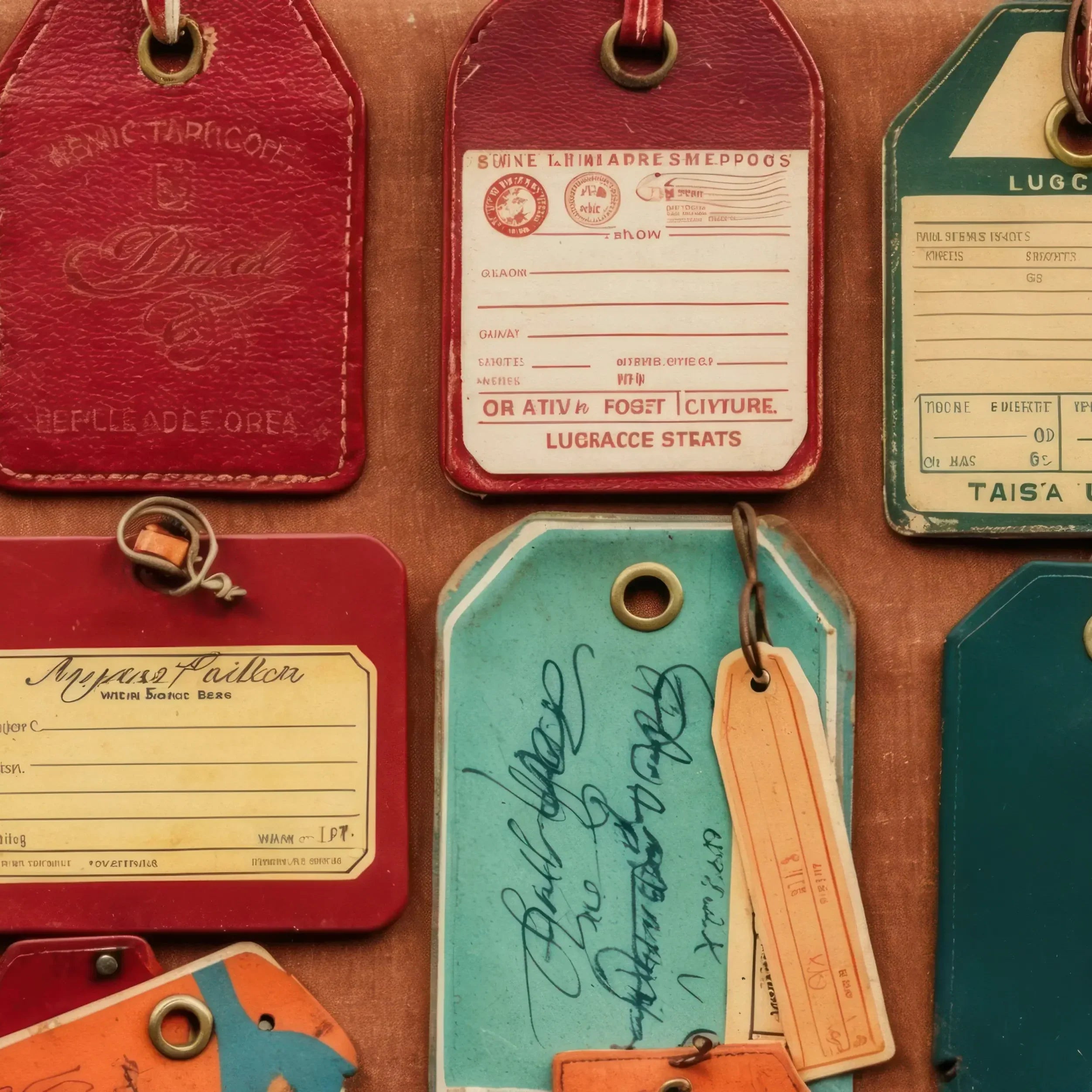 Brown leather luggage tag with name, phone number and email contact info clearly visible on a wooden table — Beyond Memories luggage tag info guide.