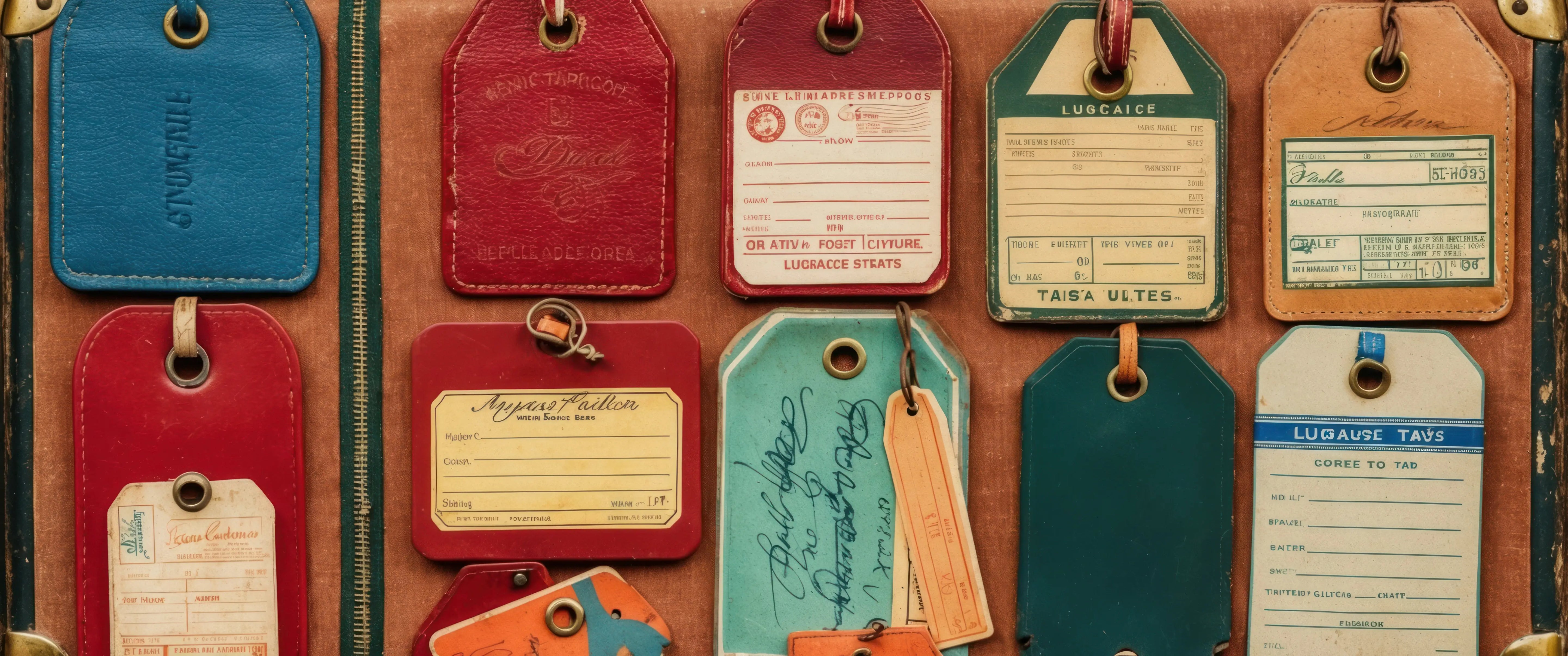 A collection of colorful vintage luggage tags, perfect for travel memories, organization, or retro-themed crafts.