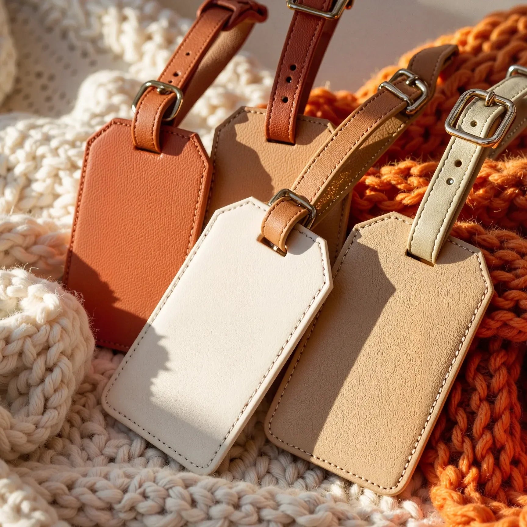 Three neutral-toned leather luggage tags—tan, cream, and light brown—resting on cozy knitted blankets in cream and burnt orang