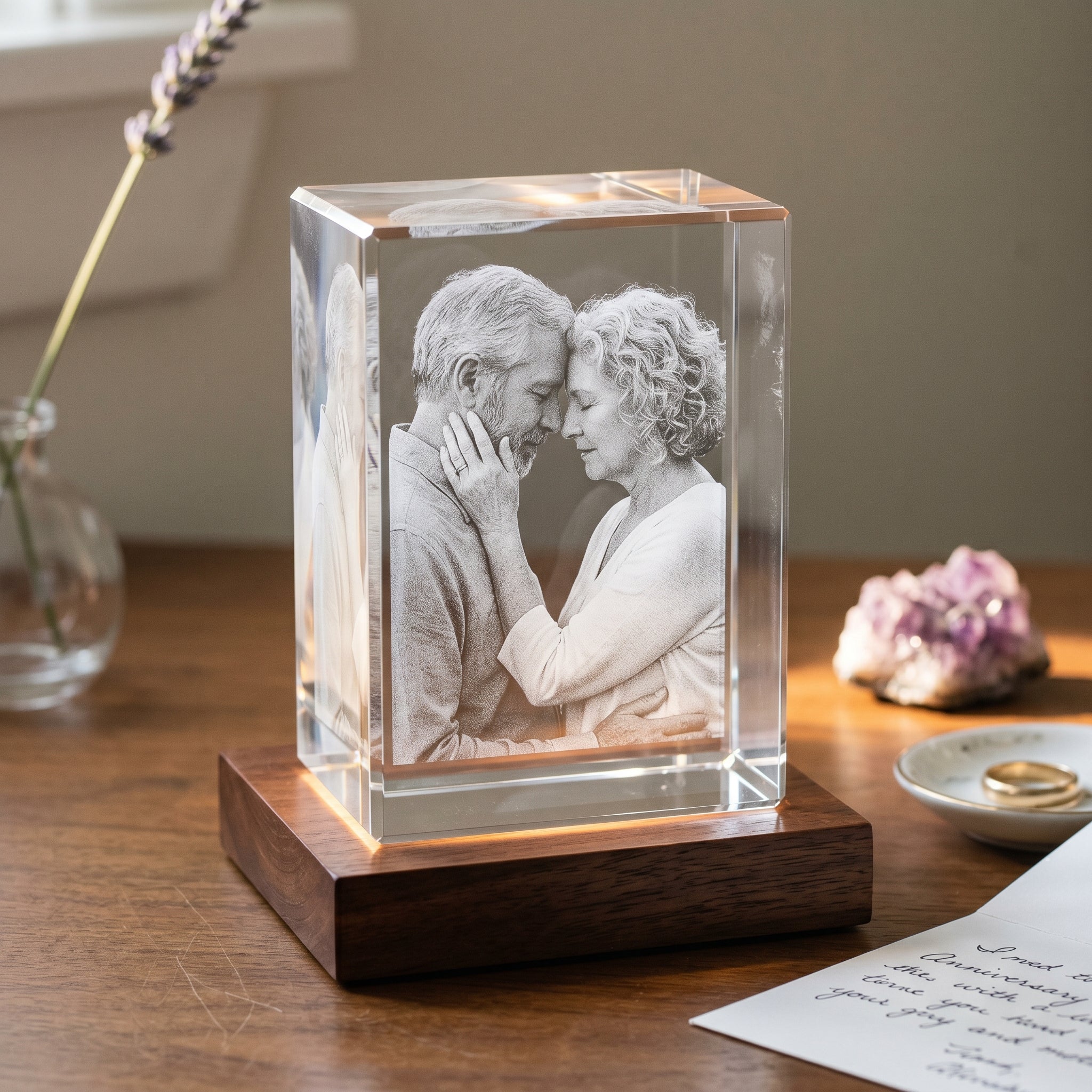Rosewood rectangle 3D Crystal with candid older couple foreheads-touching in pure grayscale engraving, raw amethyst and lavender stem on a bedside vanity for a 33rd anniversary scene