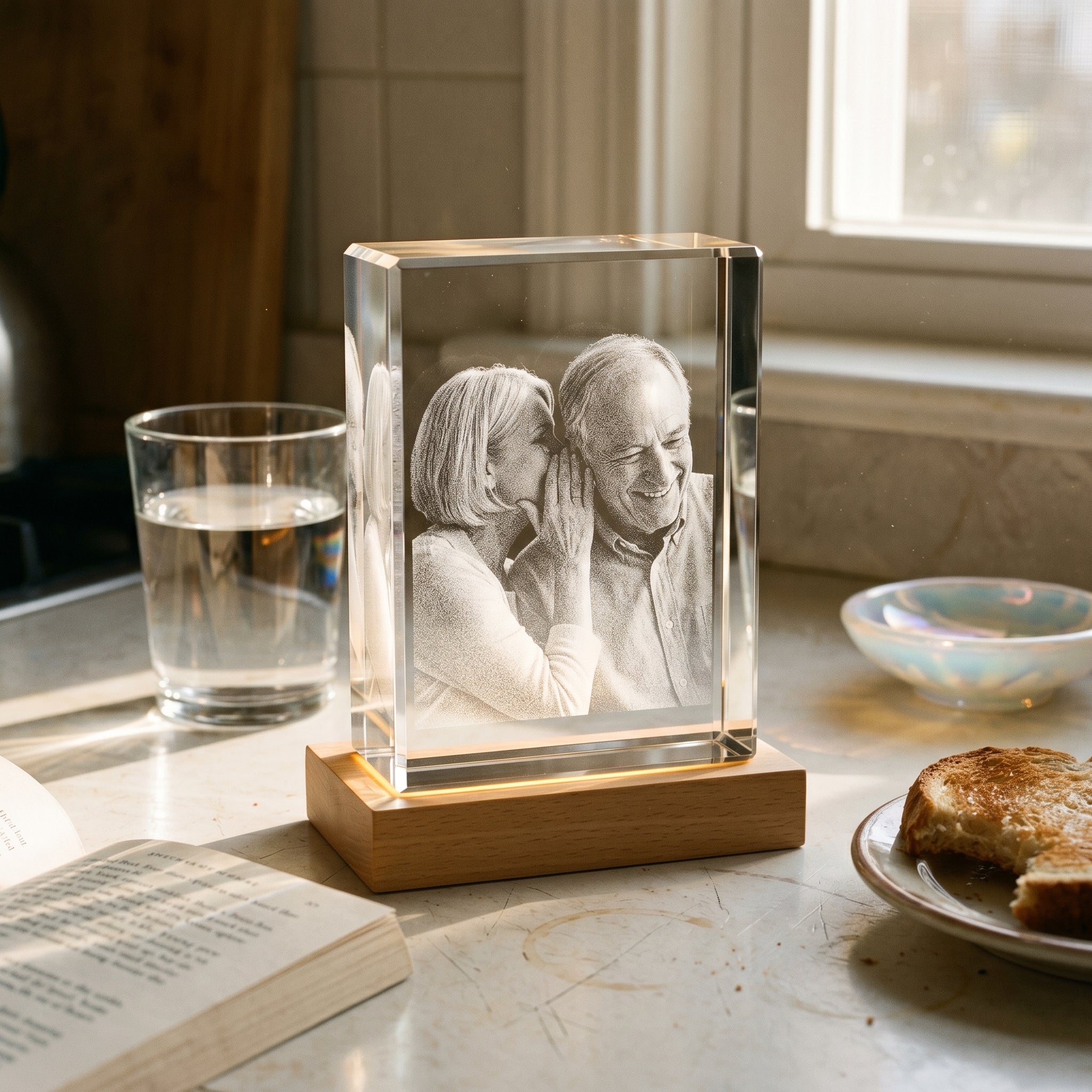 Natural blonde rectangle 3D Crystal with candid older couple sharing a private laugh engraved in pure grayscale, iridescent opalescent dish on a sunlit kitchen counter for a 34th anniversary scene