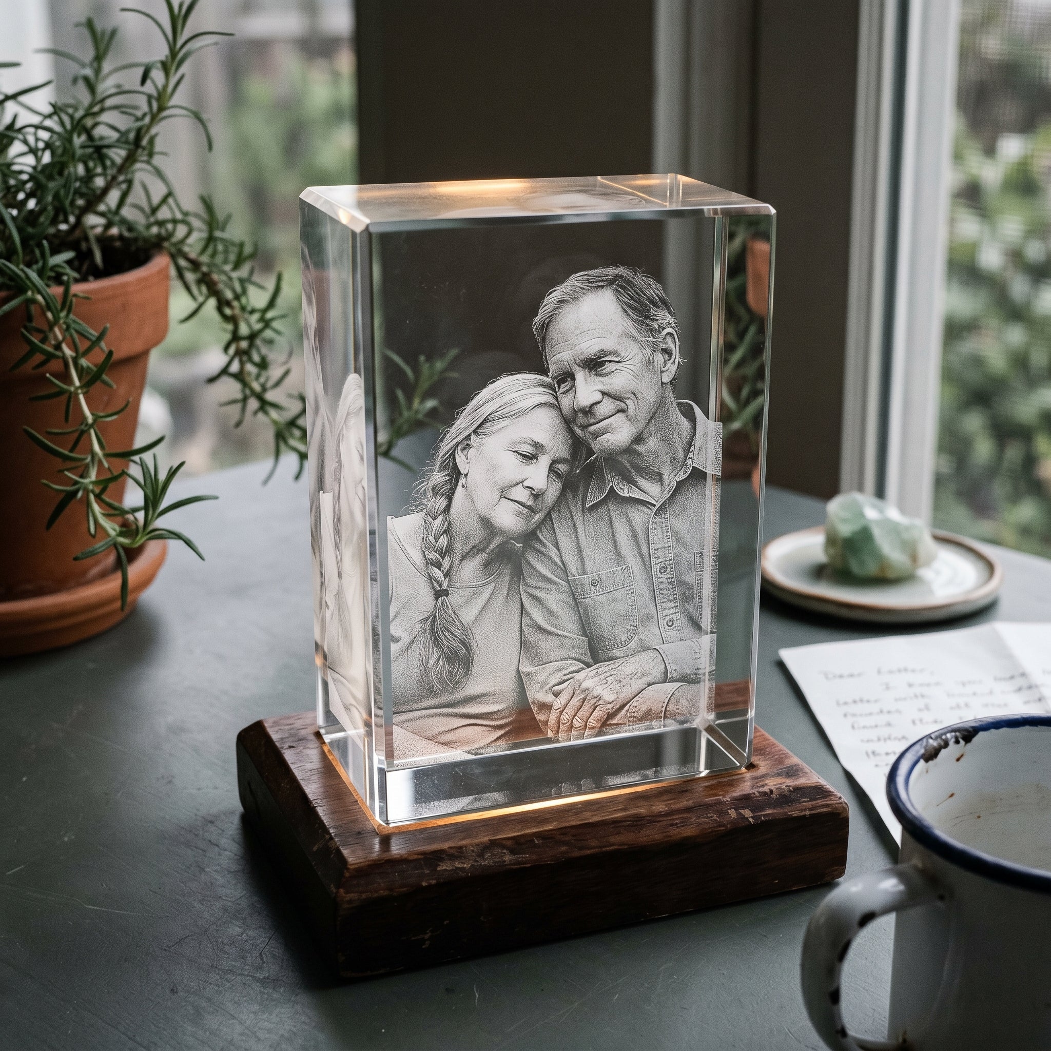 Rosewood rectangle 3D Crystal with candid older couple resting head on shoulder engraved in pure grayscale, pale beryl stone and rosemary pot on a desk corner for a 38th anniversary scene