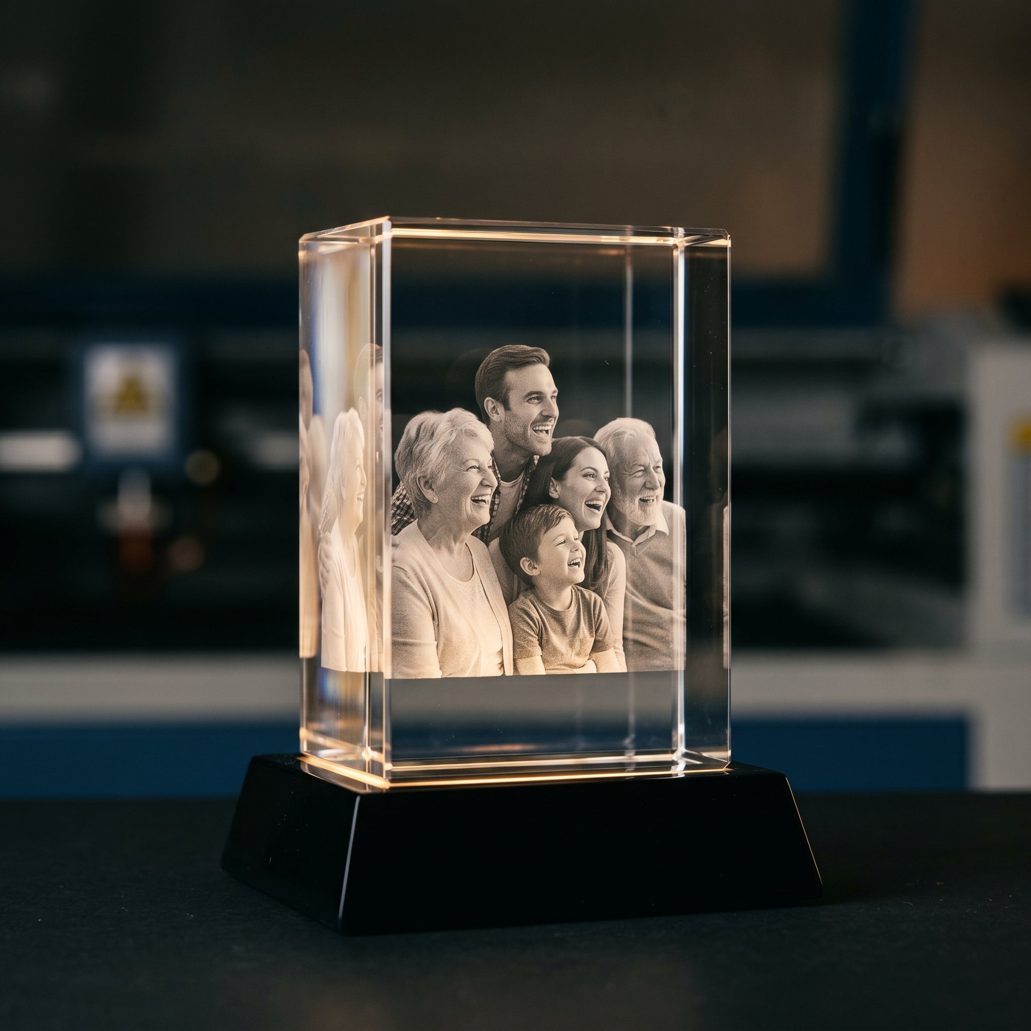 Beyond Memories 3D crystal with engraved candid multi-generational family group, on black Premium Wood base with industrial backdrop.