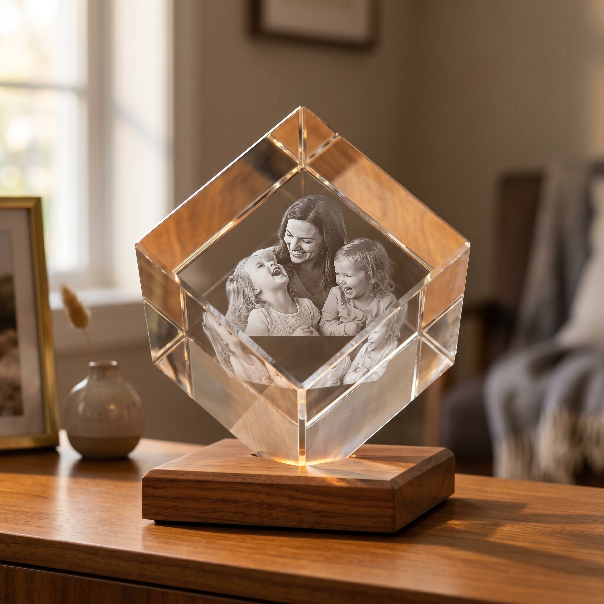Beyond Memories 3D photo cube tilted on its corner with engraved candid family laughing scene, rosewood base, warm afternoon light on wood console.