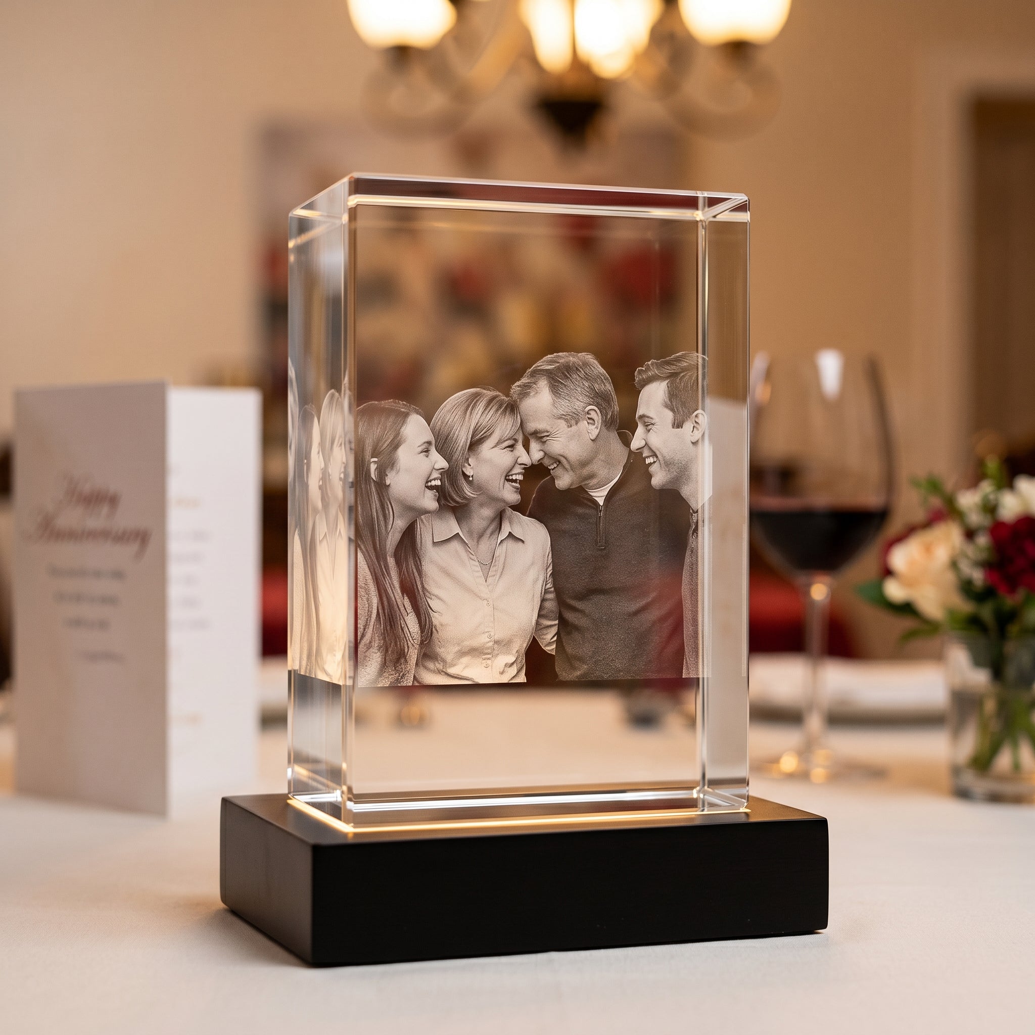 BM 3D crystal, candid family of four laughing together, black base, anniversary gift for mom and dad