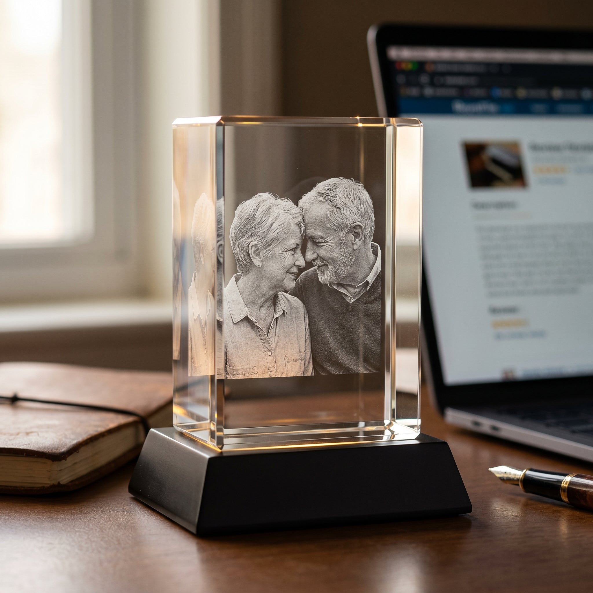 Beyond Memories rectangle 3D crystal on black premium base on a writers desk with leather notebook fountain pen and laptop showing review page in soft bokeh.