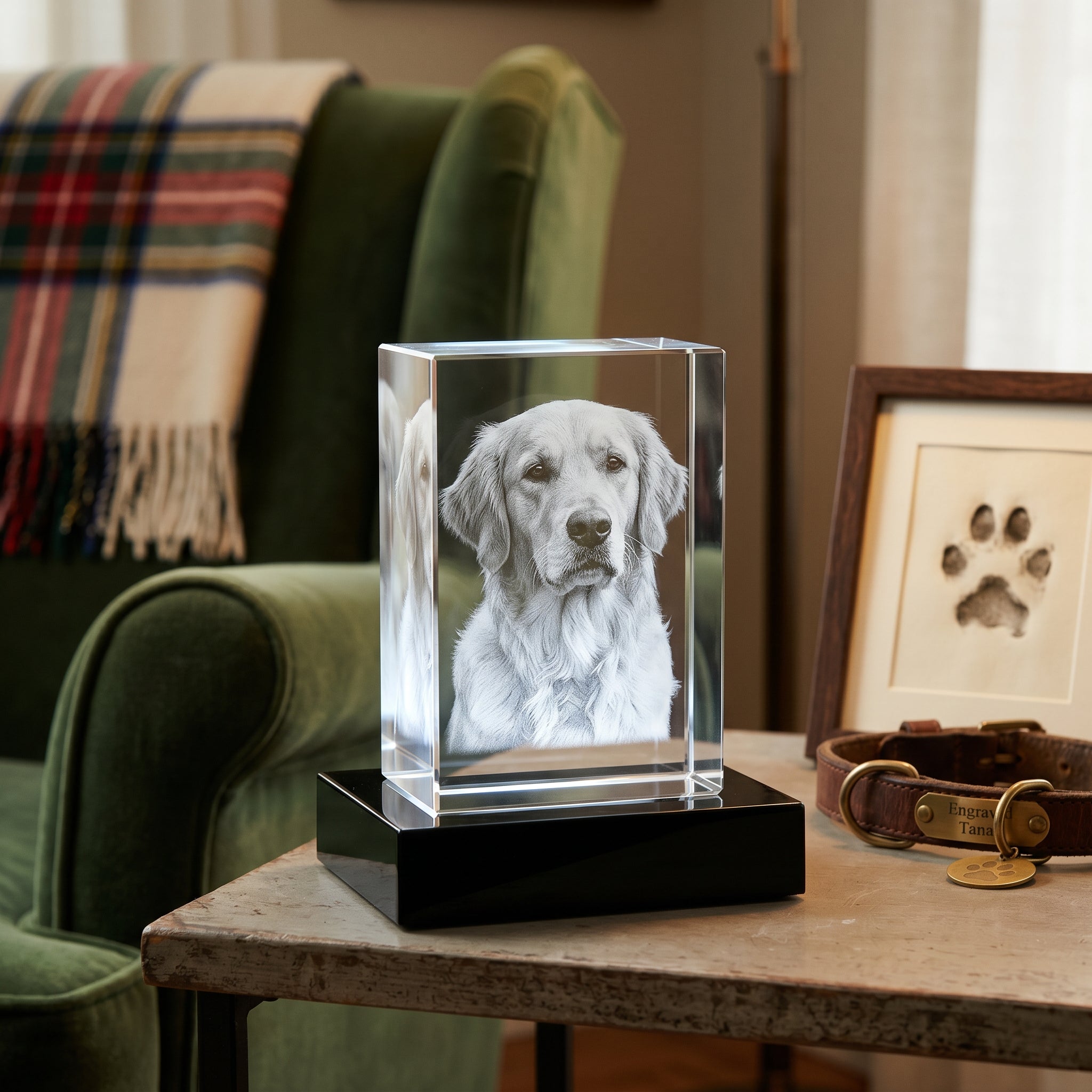 3D crystal golden retriever portrait on glossy black light base, leather collar with brass tag, framed paw print, tartan throw, cozy reading nook