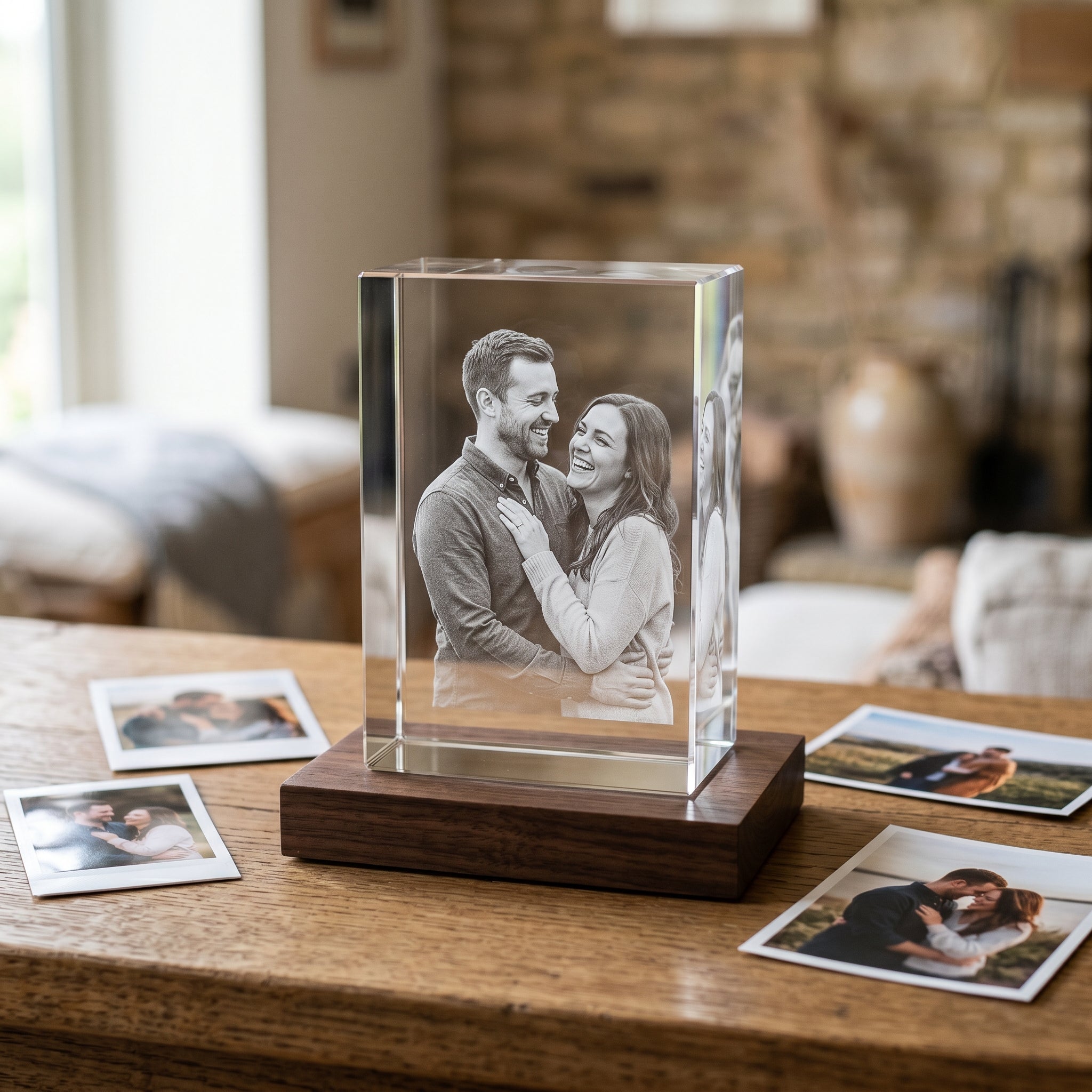 Beyond Memories crystal with engraved couple, surrounded by printed photos in different formats laid out on the wood surface.