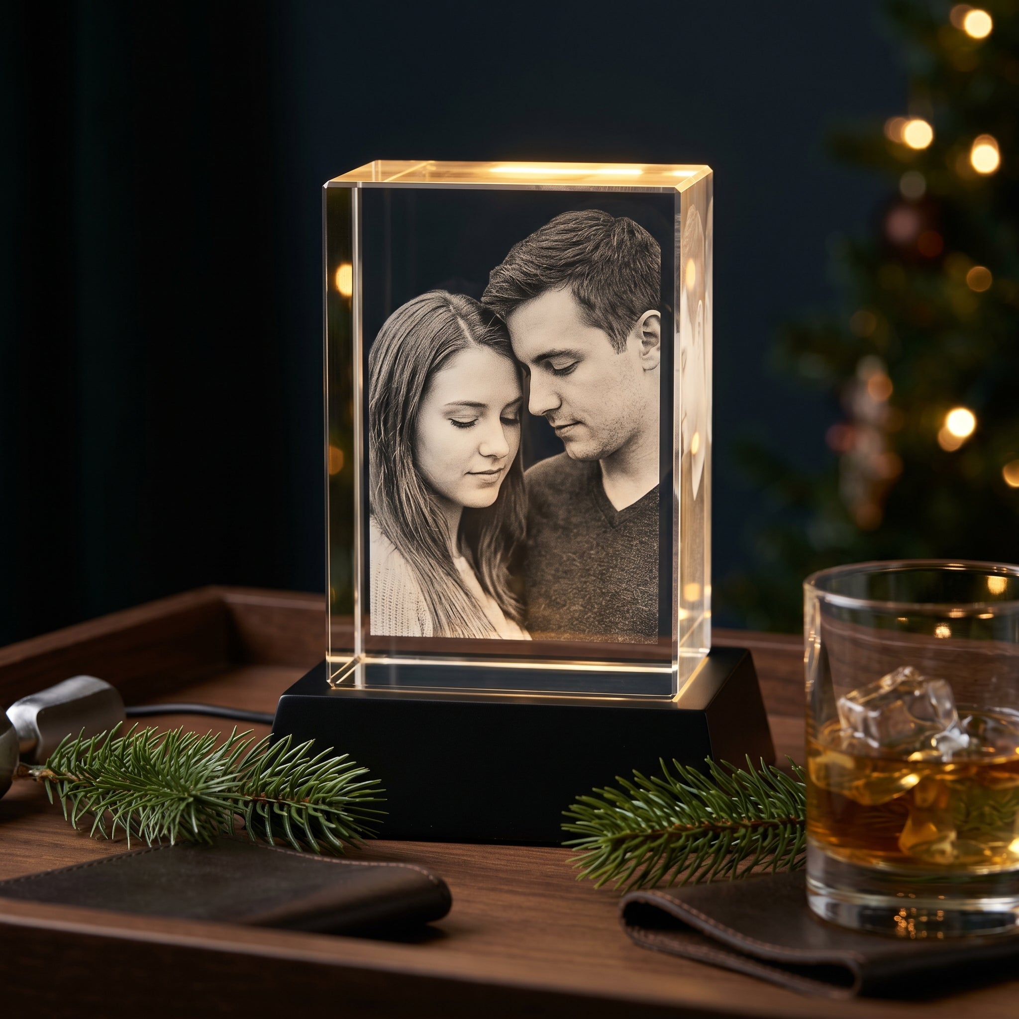 BM rectangle 3D crystal of young couple cheek to temple eyes downcast, black premium base on dark wood bar cart with whisky tumbler, evergreen sprig, leather wallet, Christmas tree bokeh