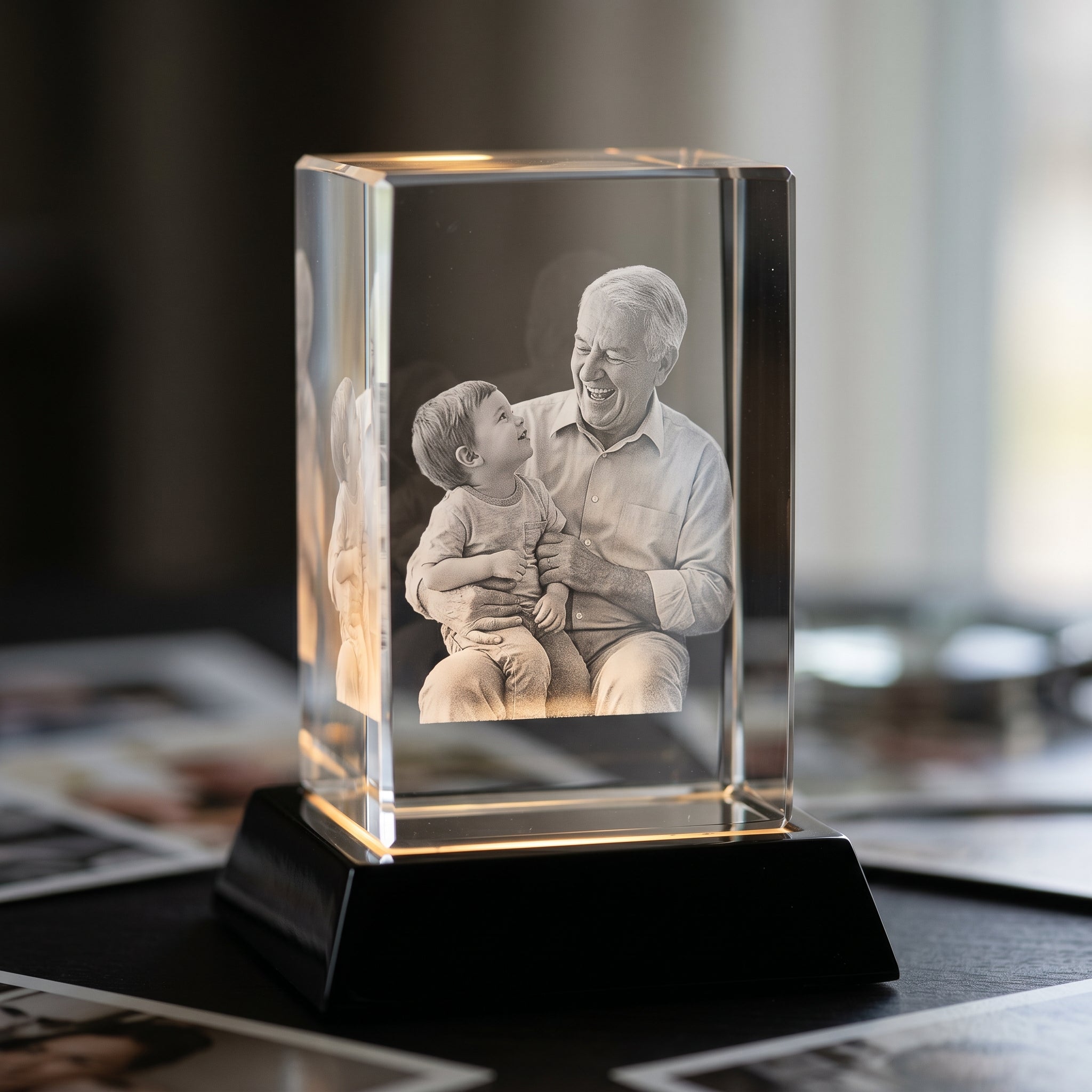 Beyond Memories 3D crystal with engraved candid grandfather laughing with grandkid on lap, on black Premium Wood base with photo prints.