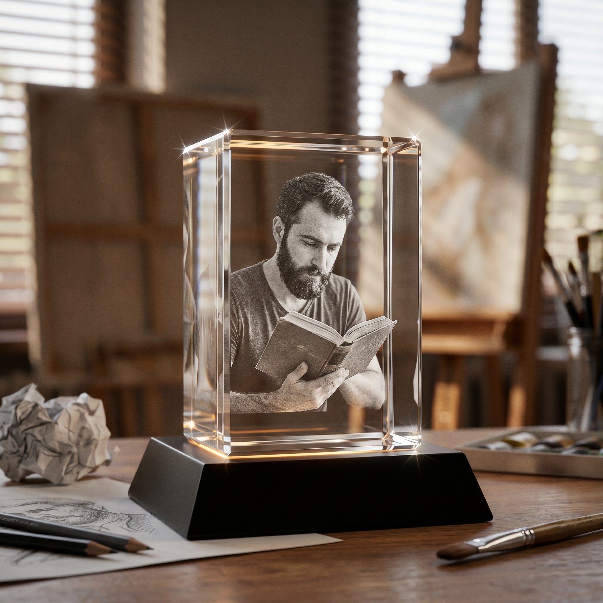 Beyond Memories rectangle 3D crystal on black premium base in an art studio on a wooden table with sketch graphite pencils and soft easel in bokeh.