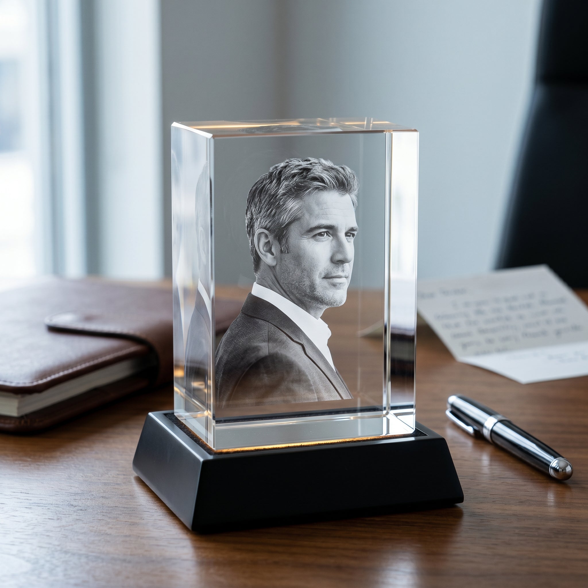 Beyond Memories 3D crystal paperweight with engraved executive portrait on a polished walnut desk, black premium base, leather portfolio and pen in bokeh.