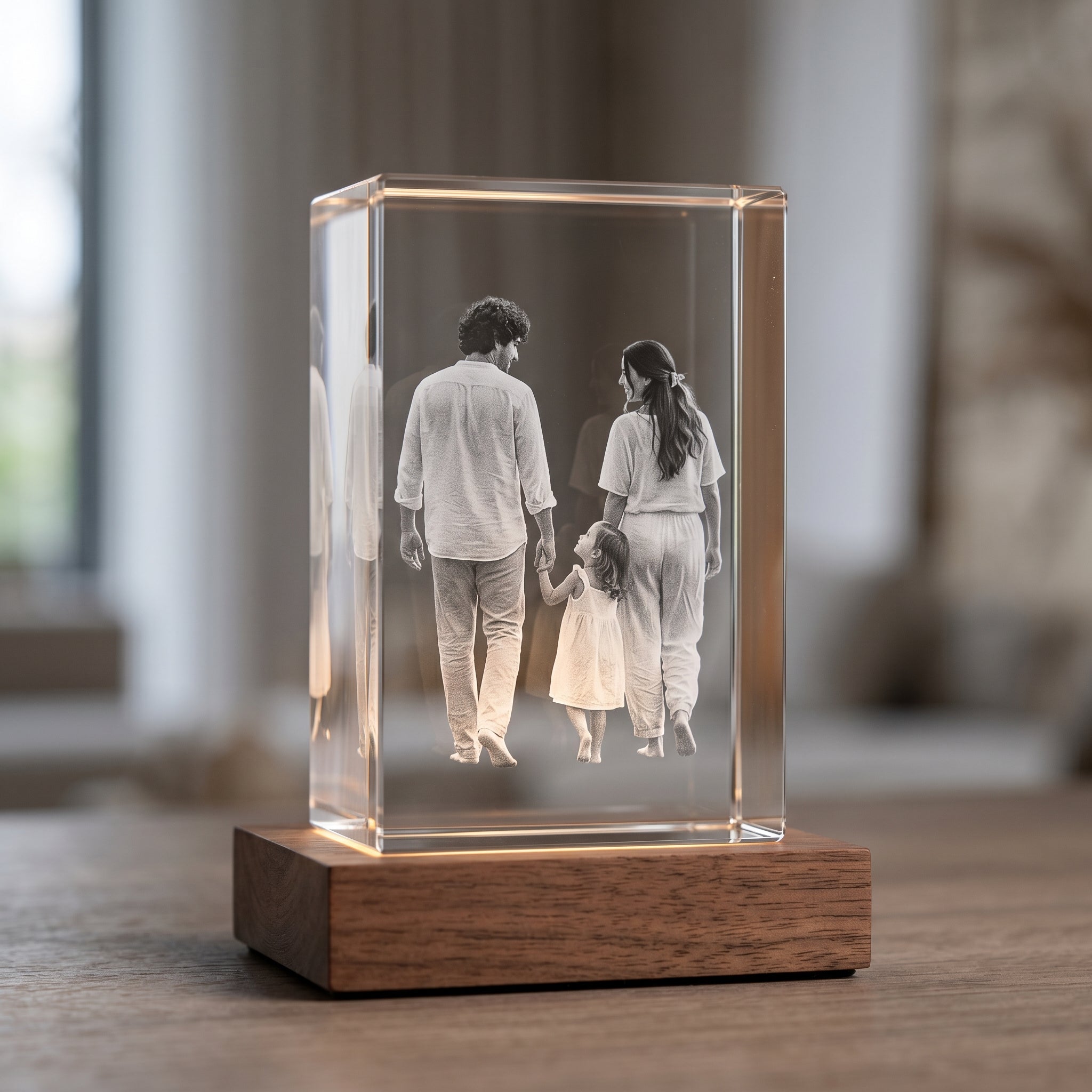 Beyond Memories 3D crystal with engraved candid family of three walking together captured from behind, on warm walnut base.