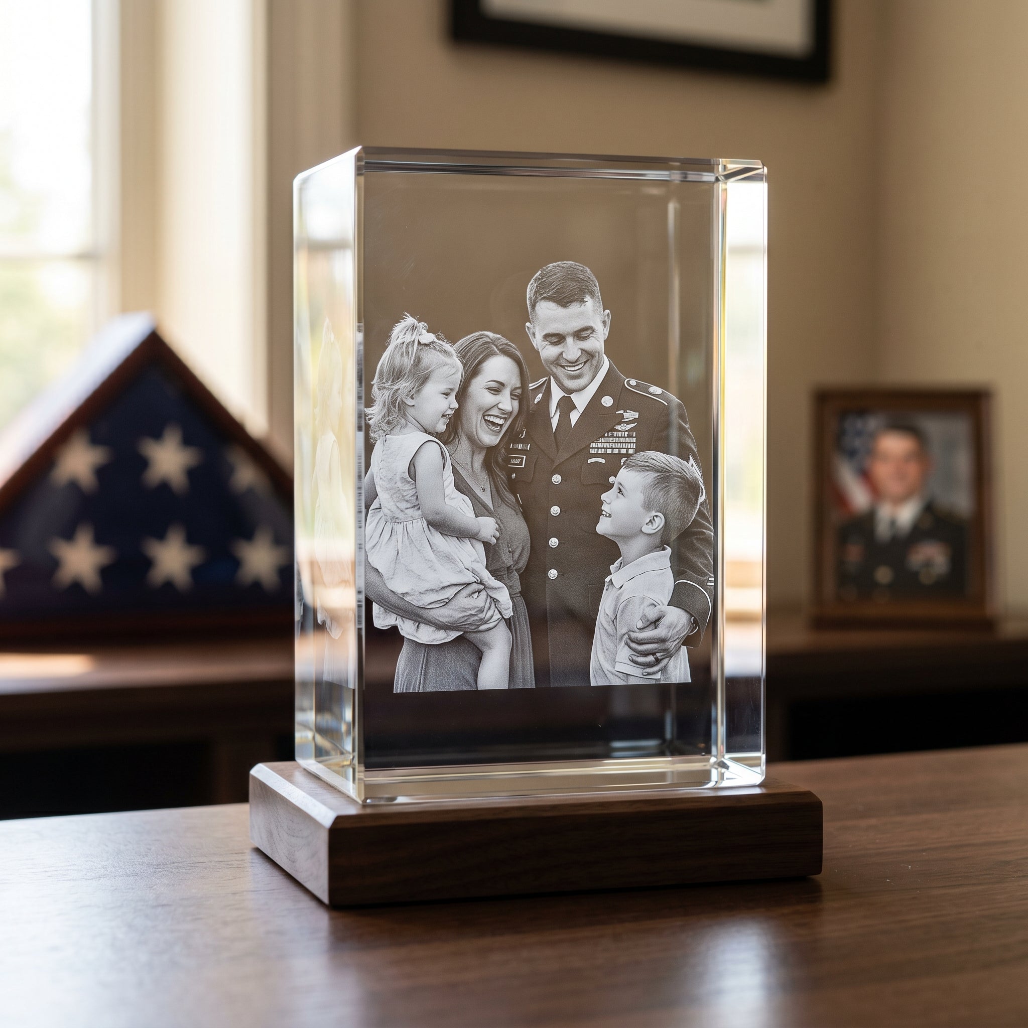 Beyond Memories crystal with engraved military family, folded American flag and a framed service member portrait nearby.