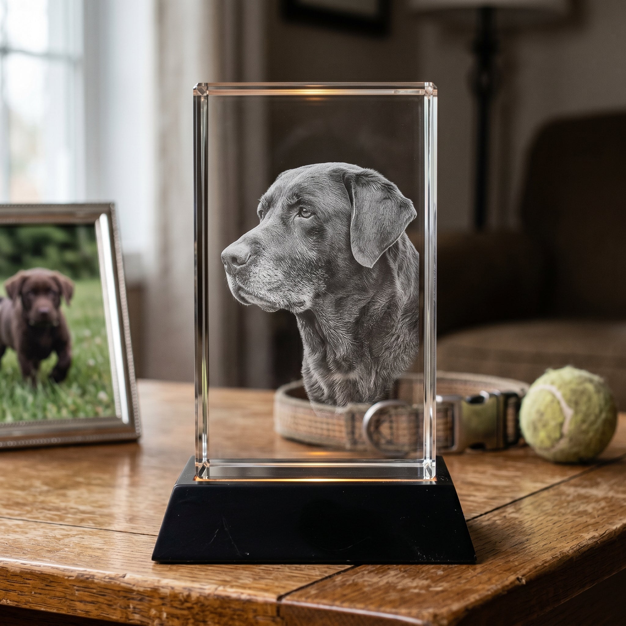 Beyond Memories crystal engraved with senior Labrador profile portrait, black Premium base, coffee table with collar, tennis ball, and framed pup photo.