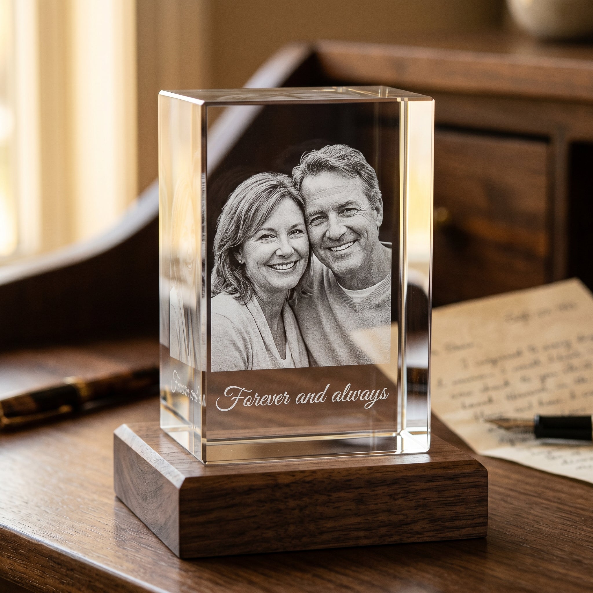 Beyond Memories crystal with engraved couple portrait and the words Forever and always, fountain pen and handwritten note nearby.