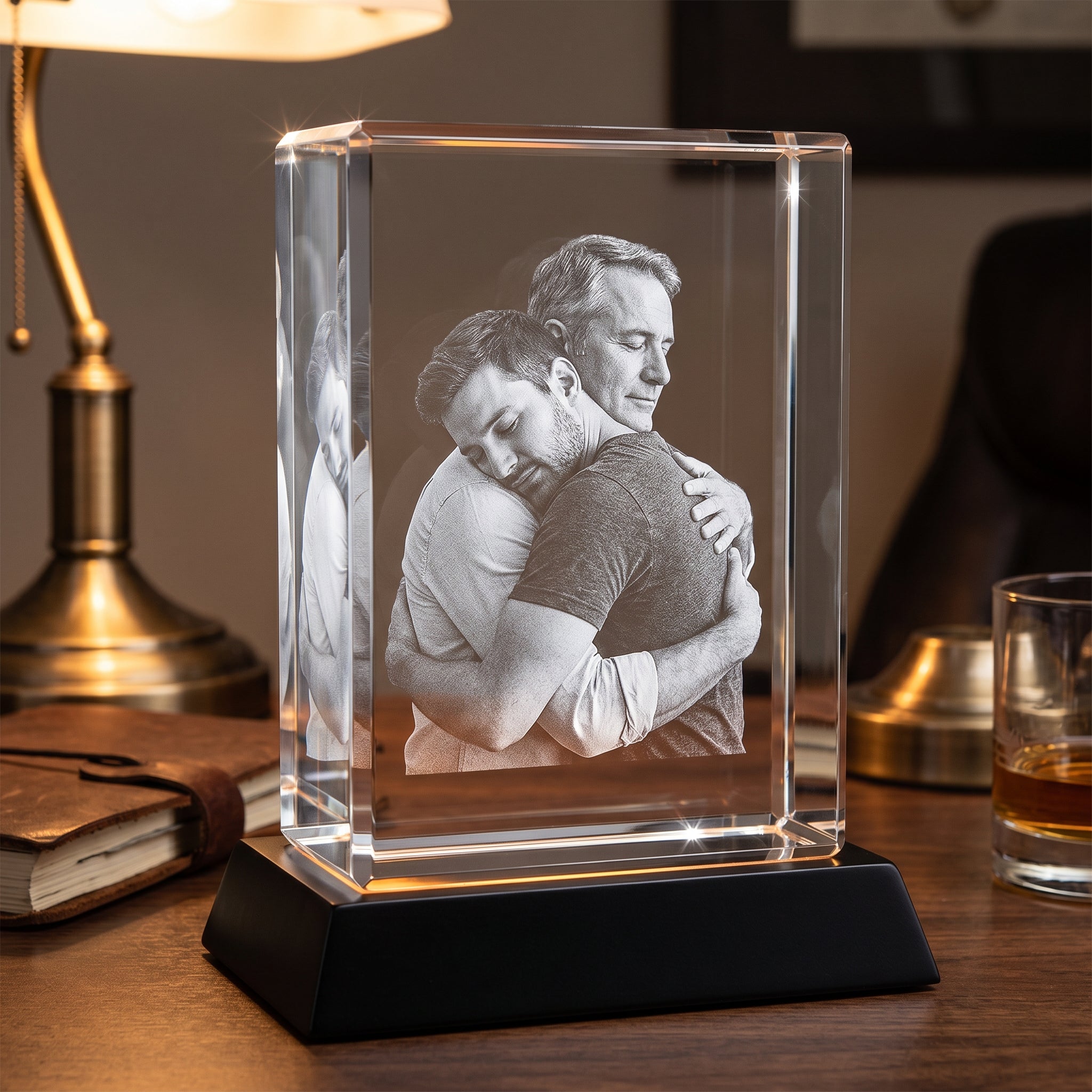 BM rectangle 3D crystal of father and adult son embracing in candid moment, black premium base on home study with desk lamp, leather book, whisky tumbler, painterly Father Day mood