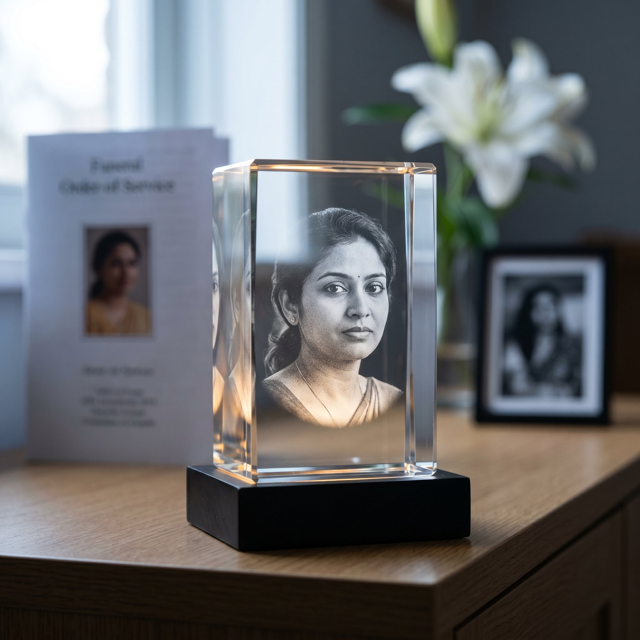 Beyond Memories 3D Memory Crystal, funeral keepsake gift, console with program and lily