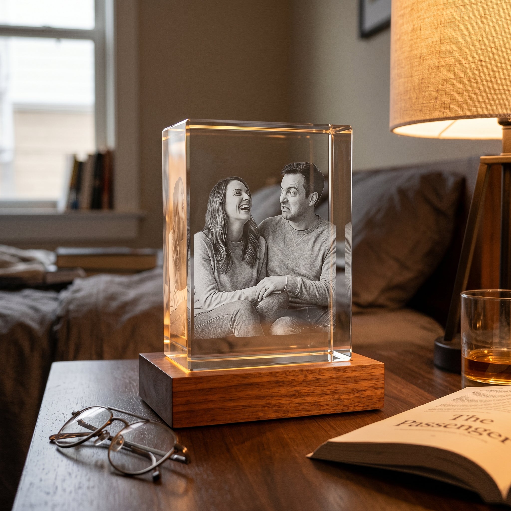 Beyond Memories 3D crystal of laughing couple, walnut base, husbands bedside with reading glasses book and whiskey