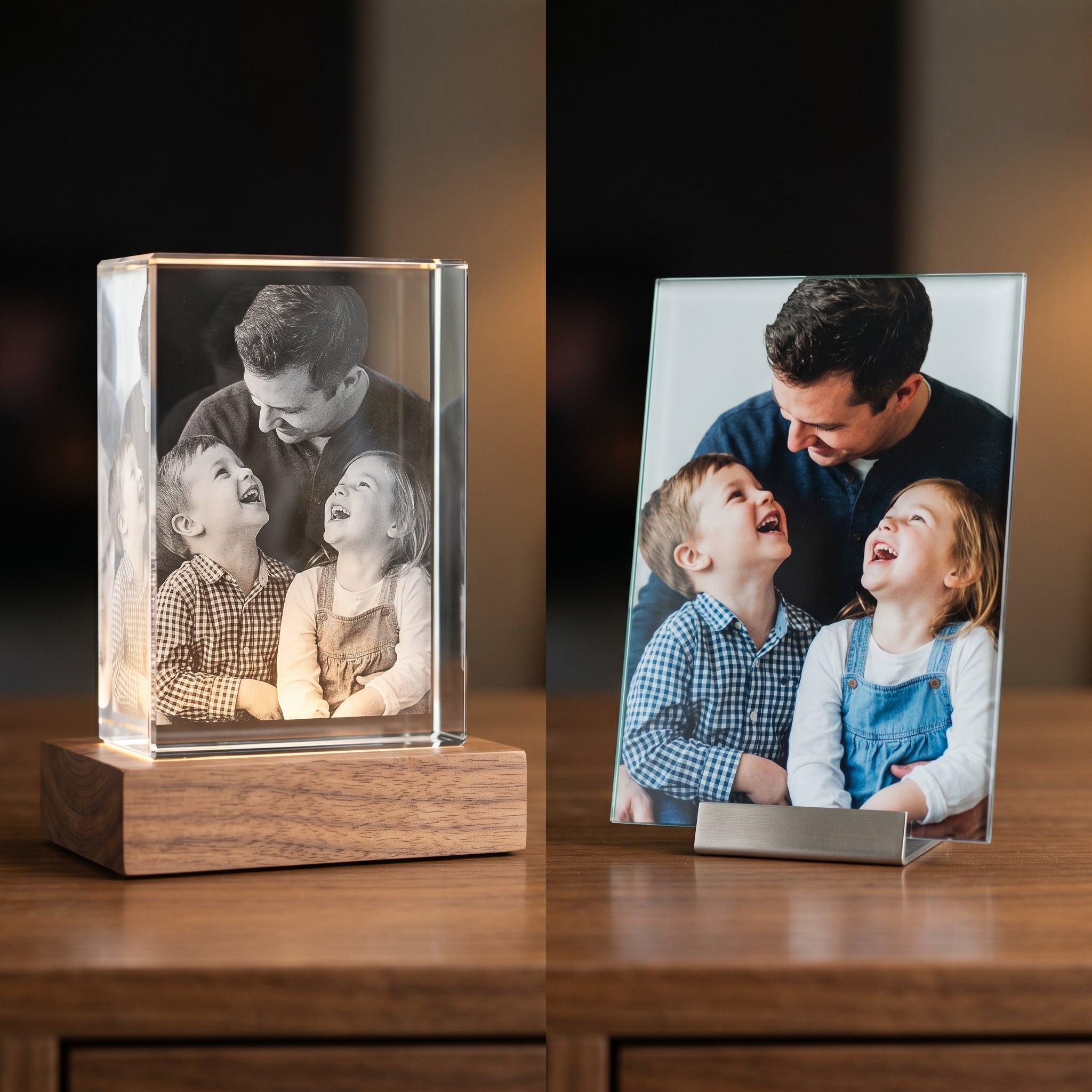BM 3D crystal with engraved family on left vs flat color glass photo print on right, side by side product comparison on a wood console.