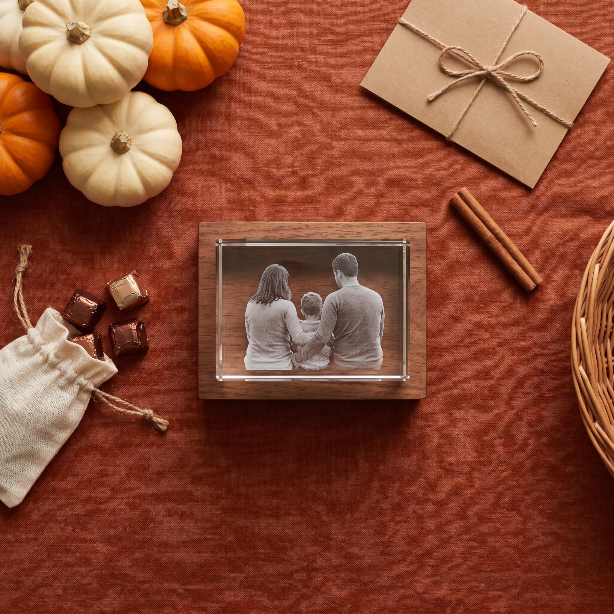 Top-down flat lay BM rectangle 3D crystal of family from-behind portrait, walnut base on rust linen with mini pumpkins, kraft card with twine, cinnamon, muslin pouch with chocolates