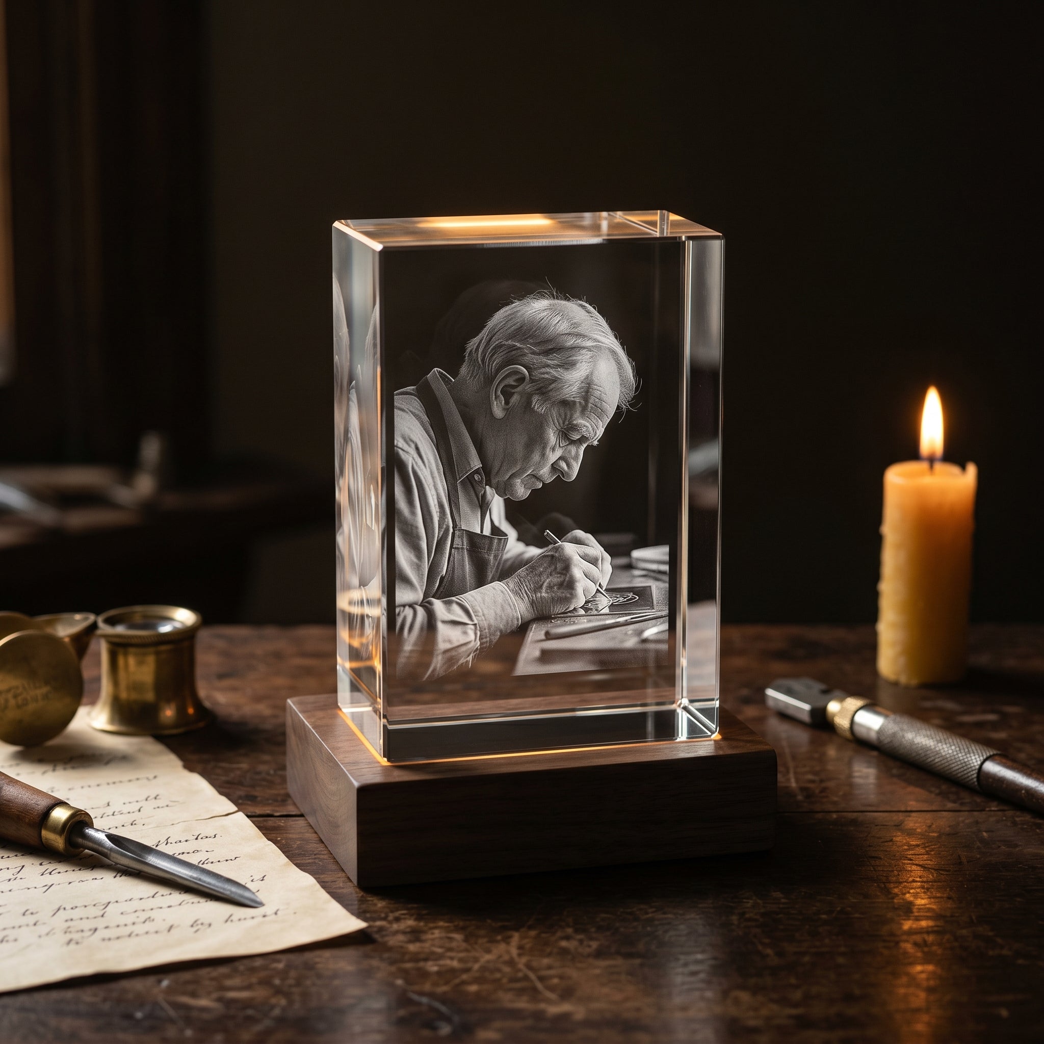 BM rectangle 3D crystal of artisan engraver at work, walnut base on heritage workbench with brass loupe, burin, parchment, candle, painterly Vermeer light