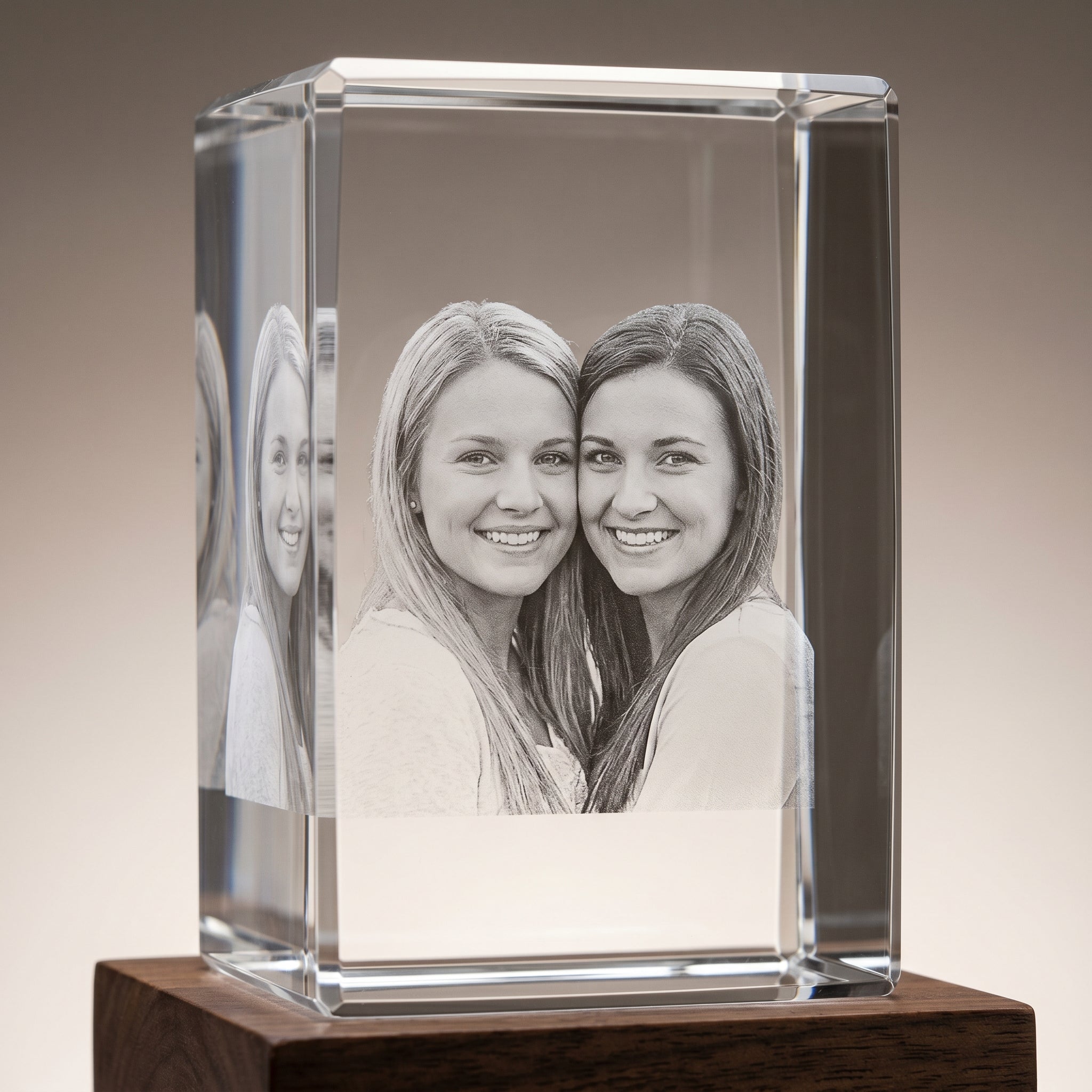Macro close-up of a Beyond Memories crystal showing the engraved photographic detail suspended inside the optical glass volume.