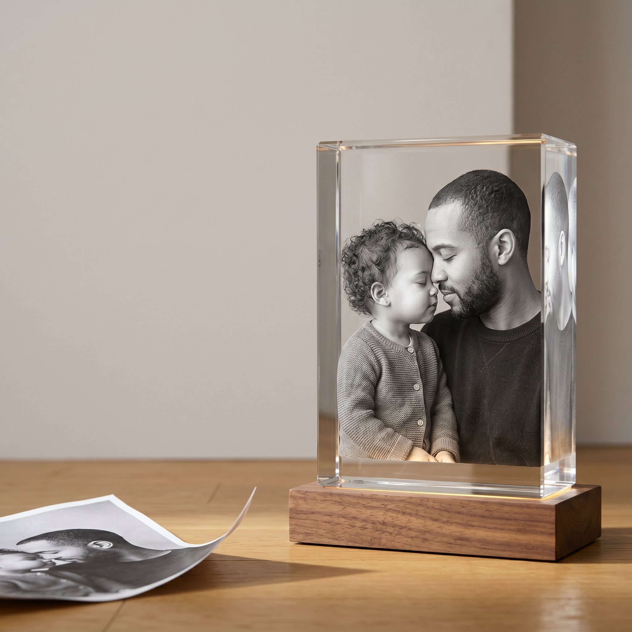 A 3D Memory Crystal on a walnut wood base shows an engraved father holding his toddler daughter, with a folded source photo on the floor nearby.