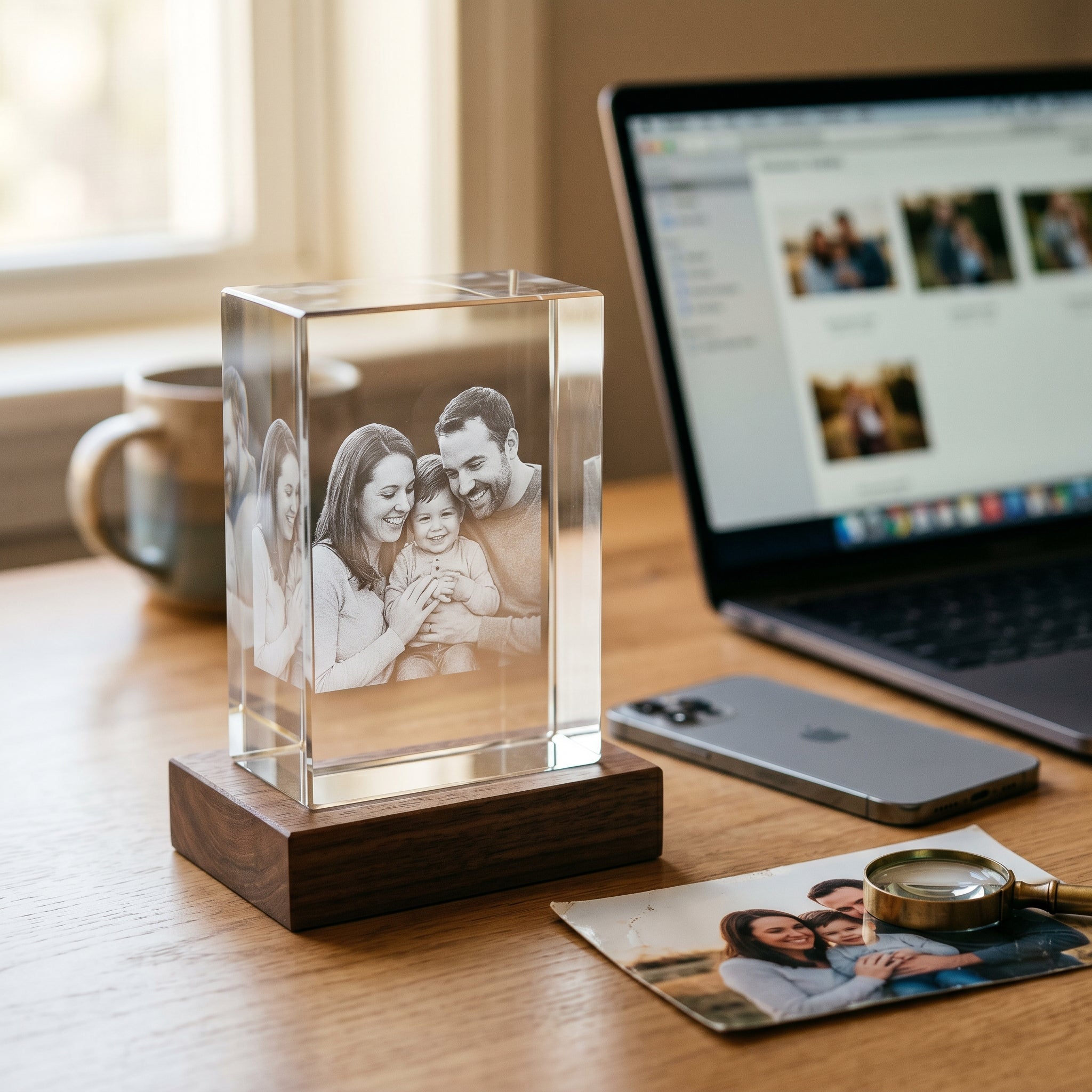 Beyond Memories crystal on a desk with laptop showing photo gallery, smartphone, printed photo and magnifying glass nearby.