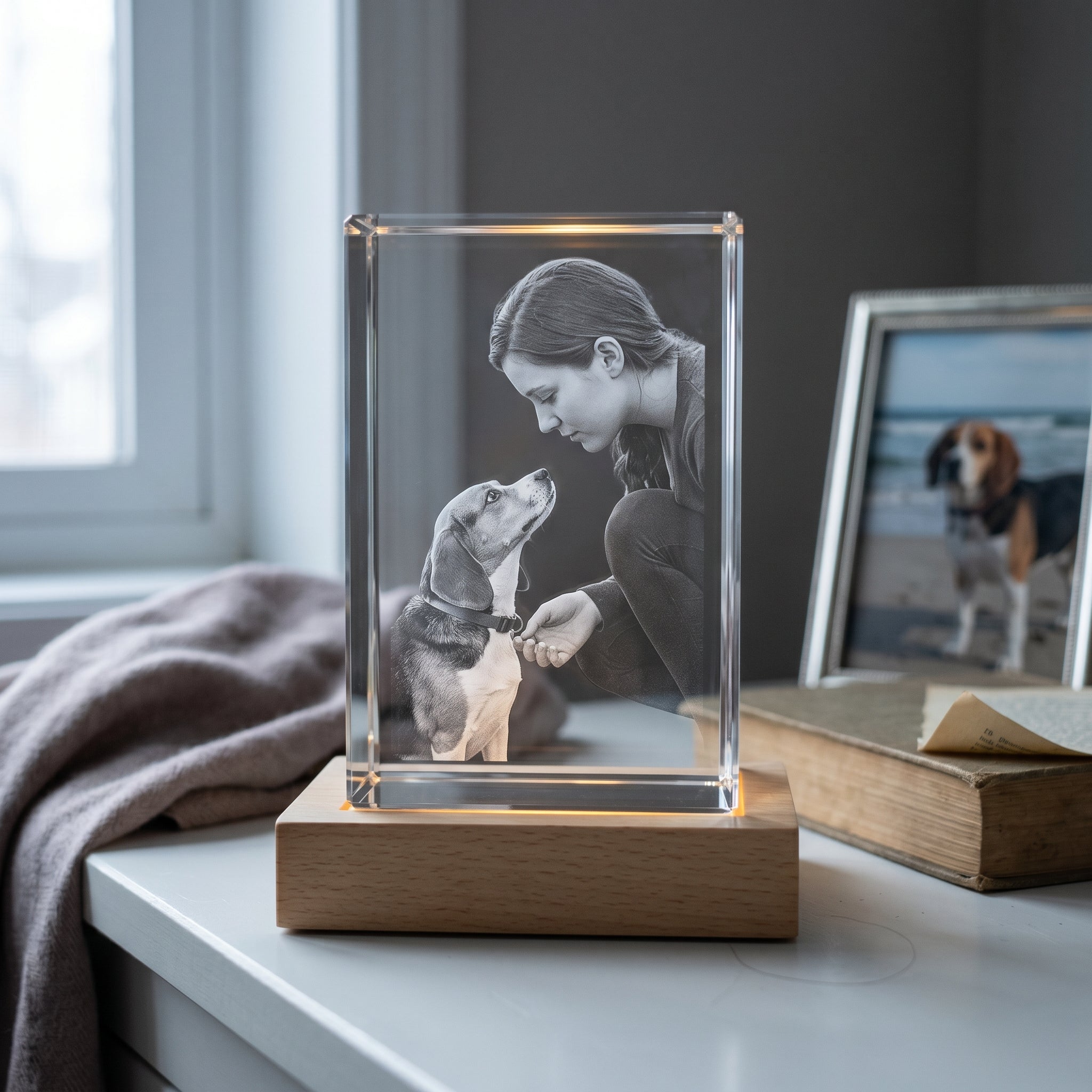 Beyond Memories crystal engraved with candid woman crouched looking down at her beagle, natural blonde base, bedroom dresser with scarf and framed photo.