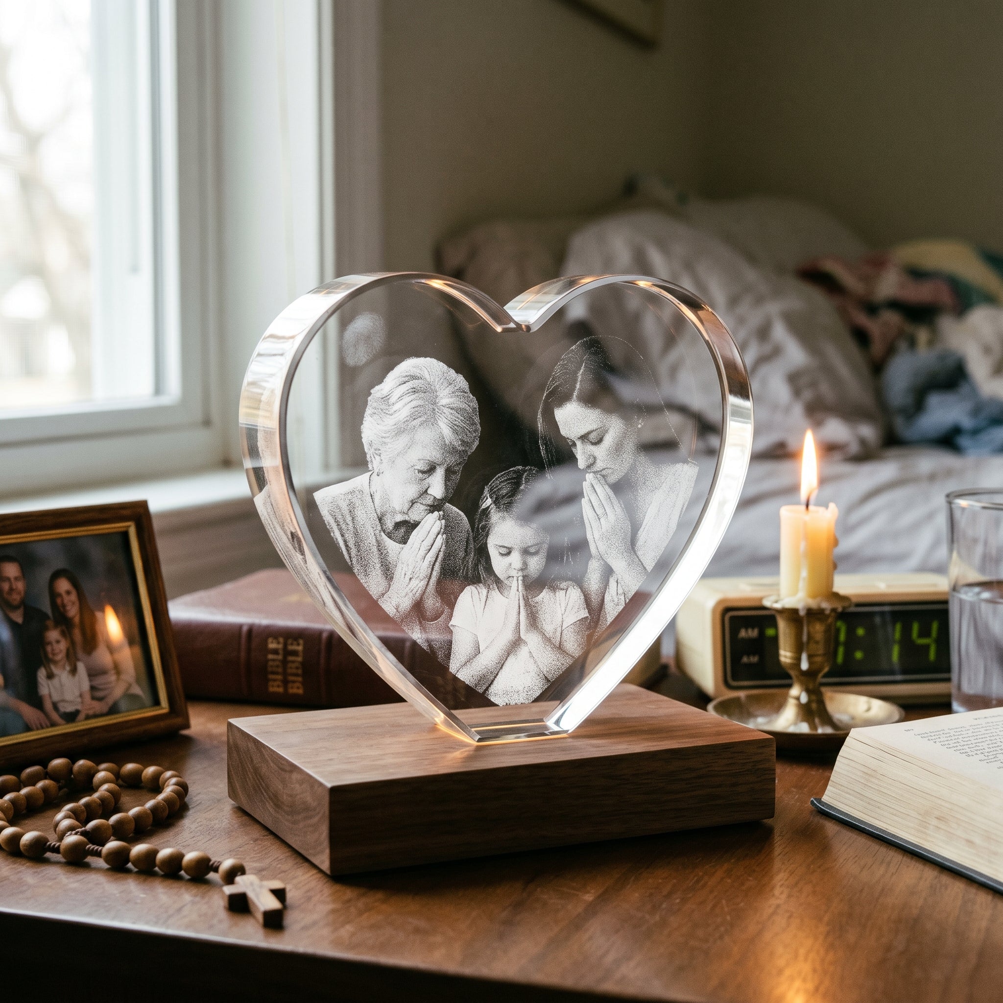 BM heart memory crystal engraved with three-generation family in prayer on natural-blonde Essentials base