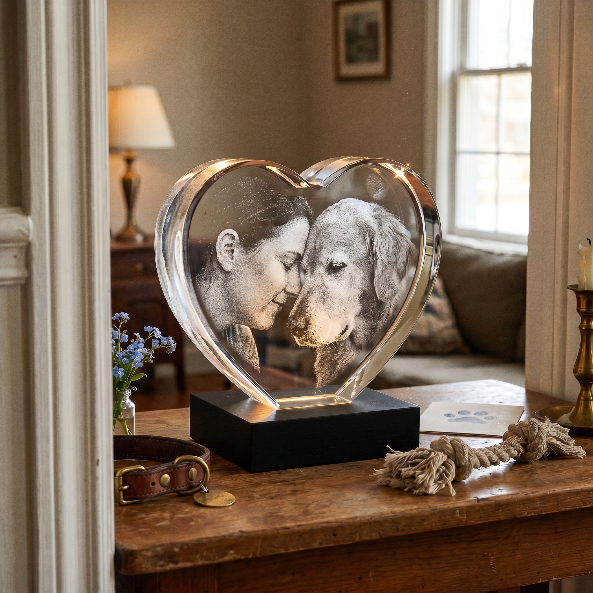 BM heart memory crystal engraved with owner cheek-to-cheek with golden retriever on BLACK Premium base