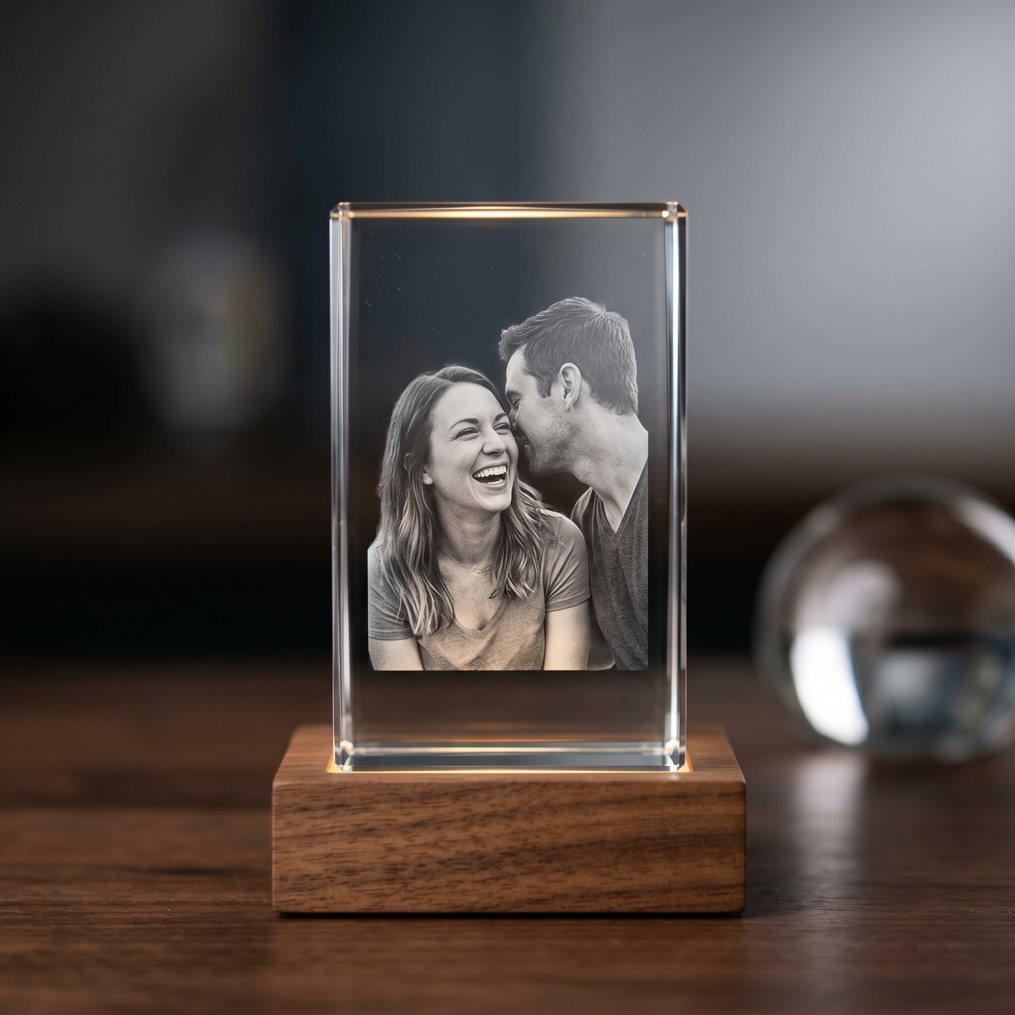 Beyond Memories K9 optical crystal hero on dark walnut workbench, comparison glass paperweight in soft focus.
