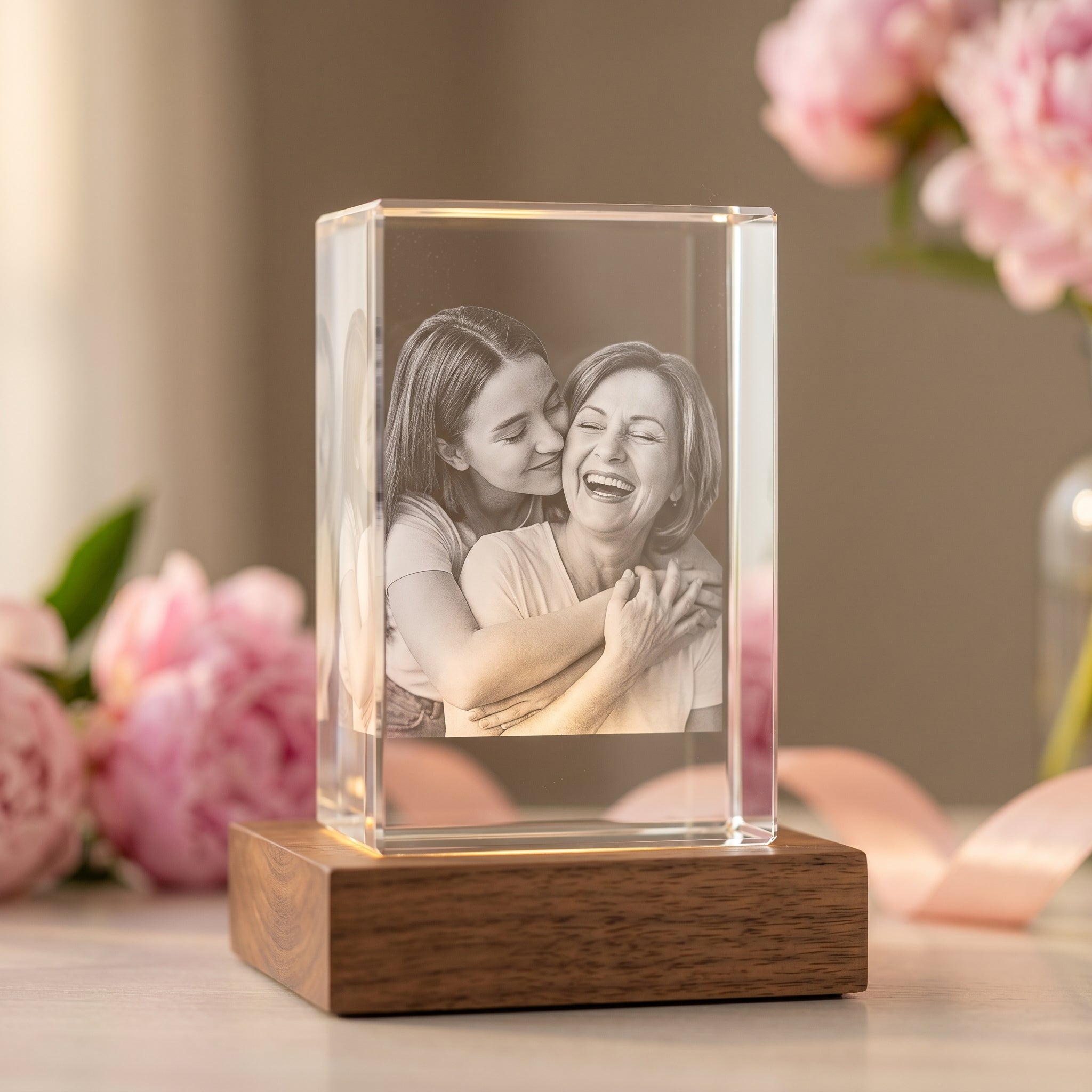 Beyond Memories 3D crystal with engraved candid daughter hugging mom, on warm wood mantle with peonies in soft bokeh.