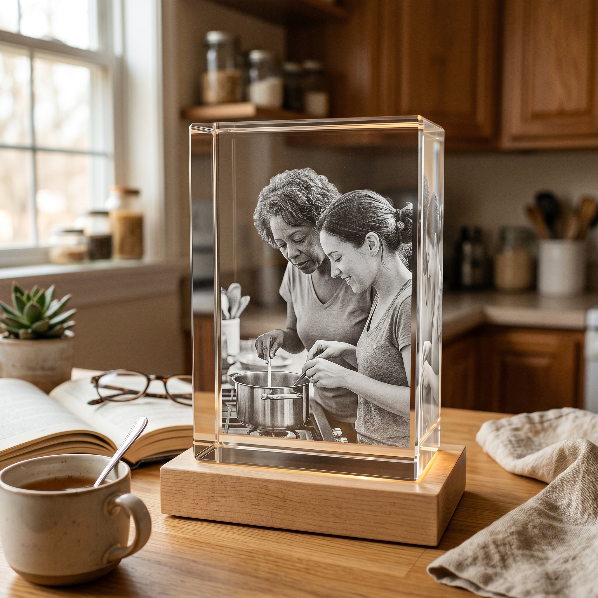 Beyond Memories 3D crystal of mother and adult daughter cooking together, natural blonde base, kitchen counter scene