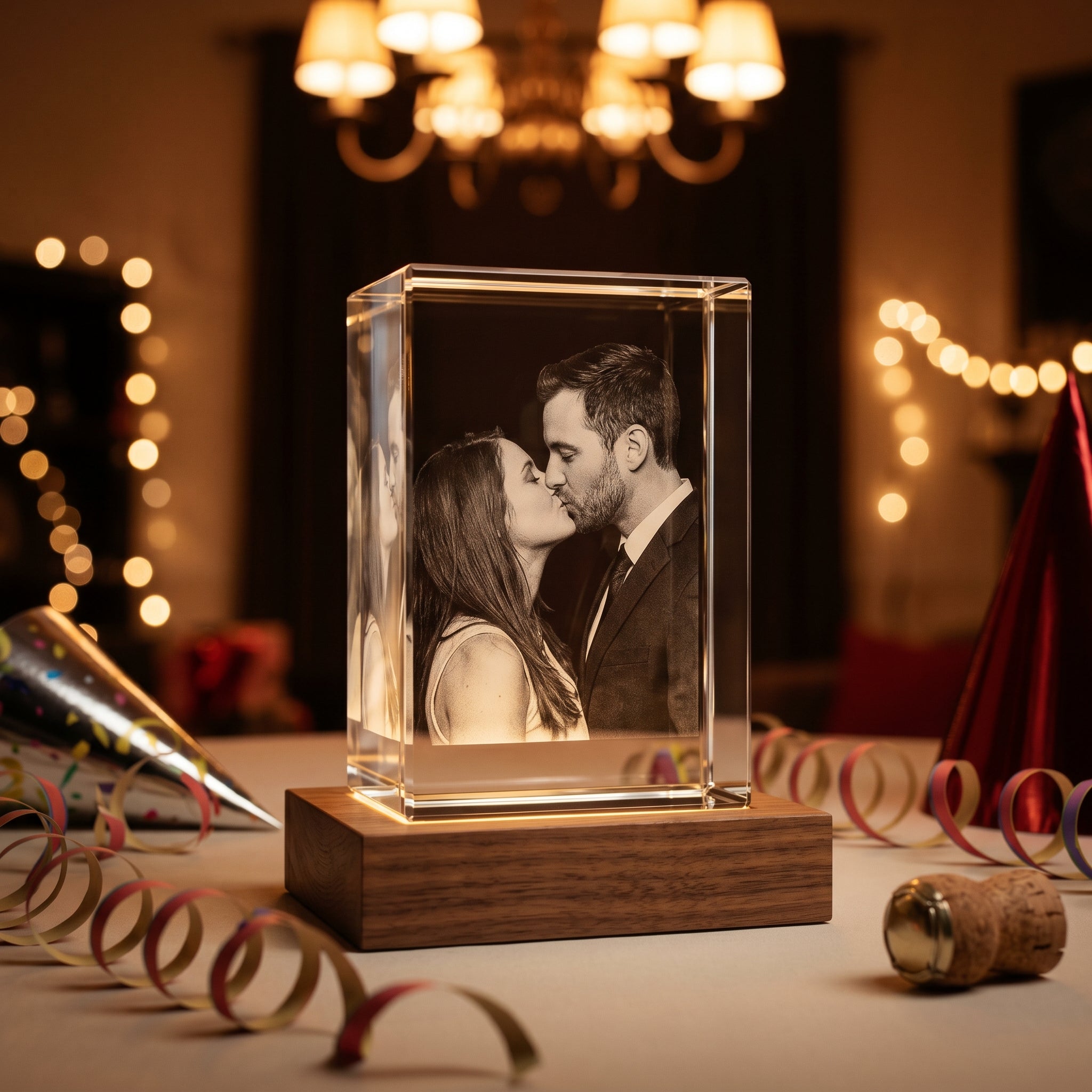 Beyond Memories 3D crystal of couple kissing at midnight, walnut base, party hat and balloons with warm string lights
