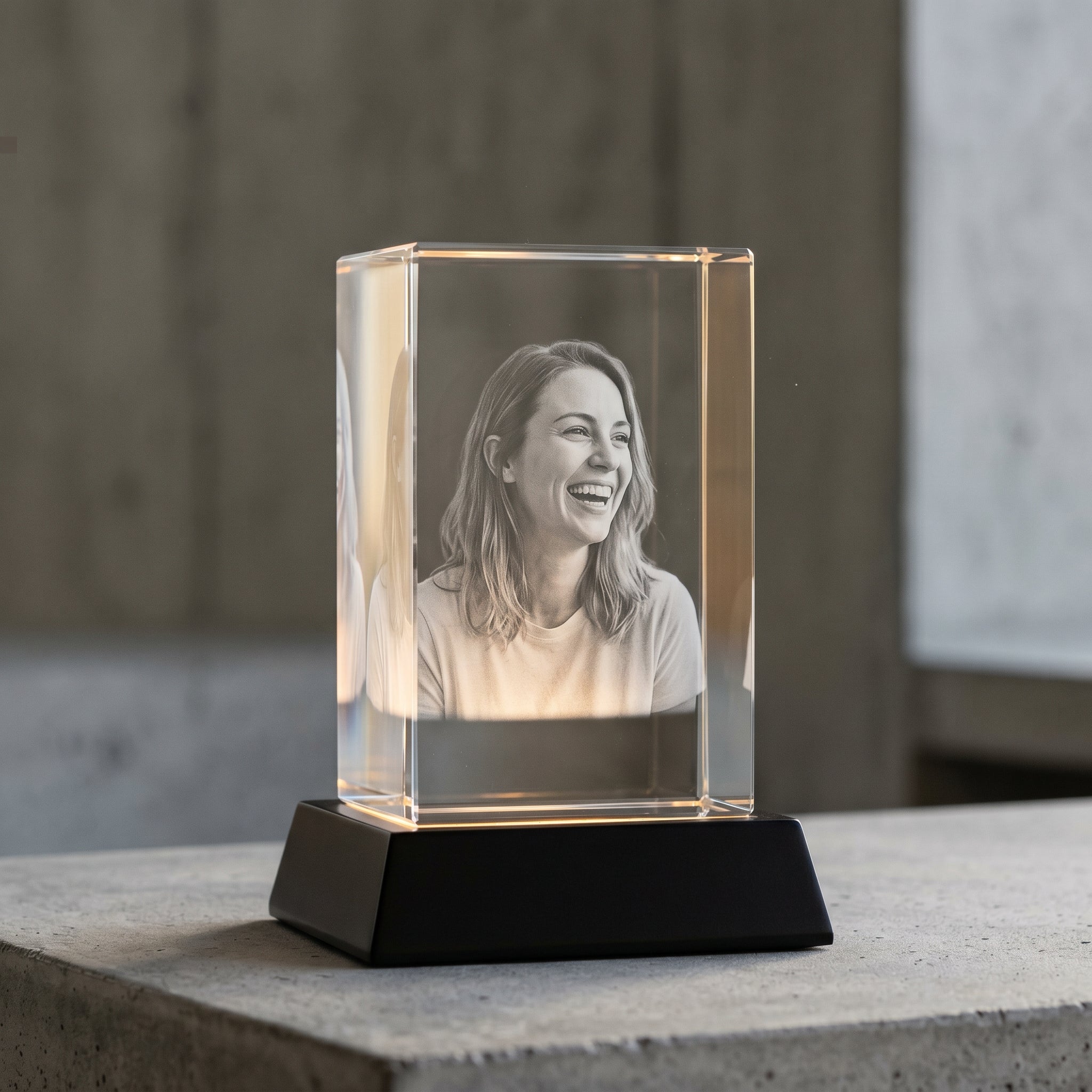 Beyond Memories 3D crystal with engraved candid solo woman laughing, on black Premium Wood base on architectural concrete slab.