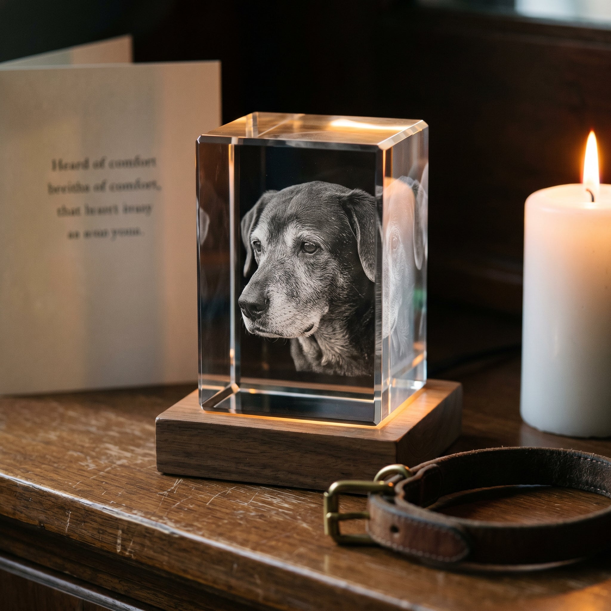 Walnut rectangle 3D Crystal with engraved candid older dog profile in pure grayscale, dim memorial mantle with single white candle leather collar and sympathy card