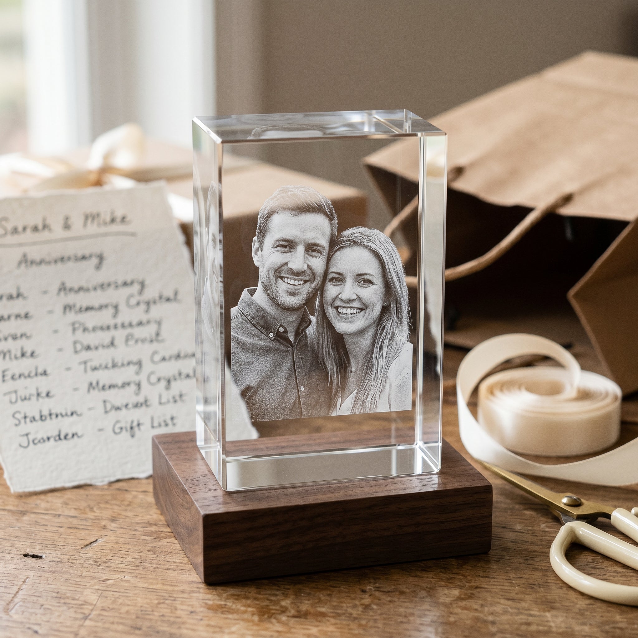 Beyond Memories crystal with engraved couple, surrounded by kraft gift bag, satin ribbon, scissors, and a handwritten gift list.