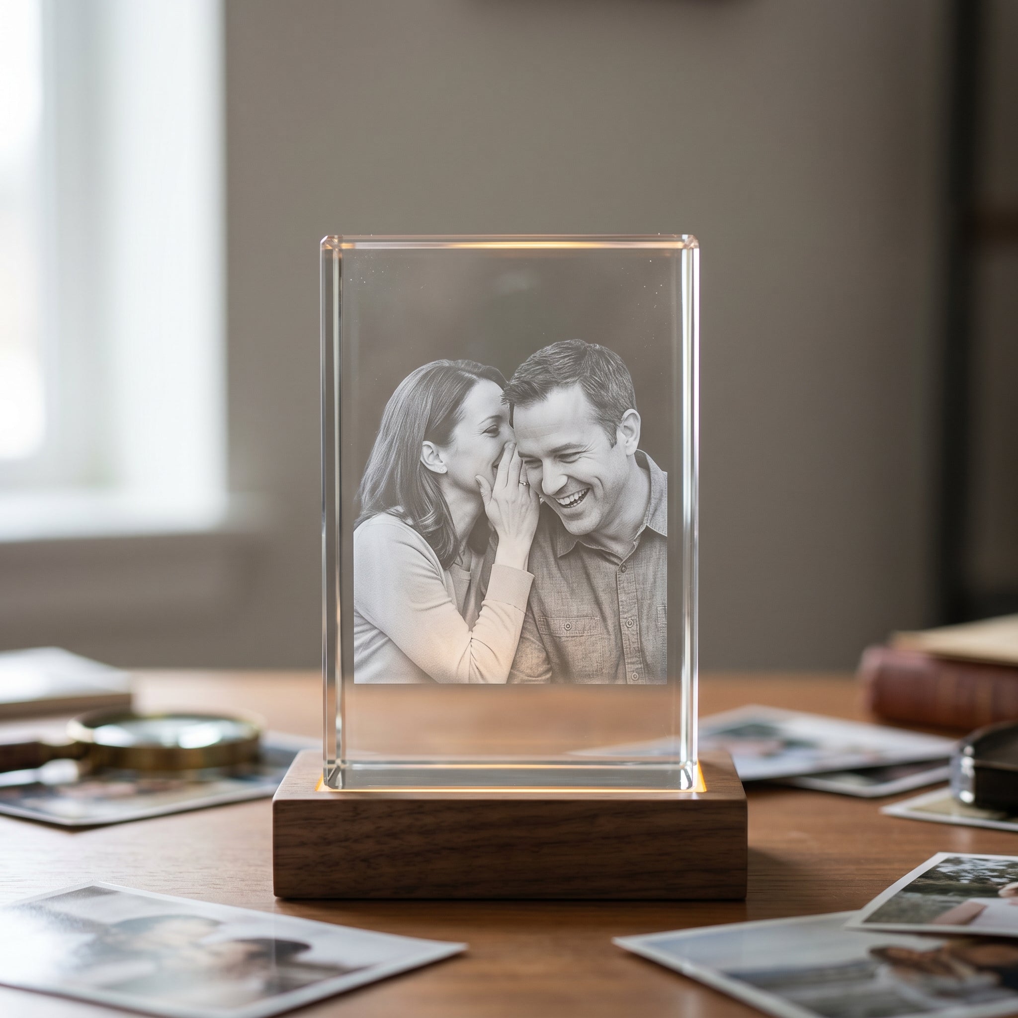 Beyond Memories 3D crystal with engraved candid couple, on warm wood desk with photo prints and magnifier in soft bokeh.