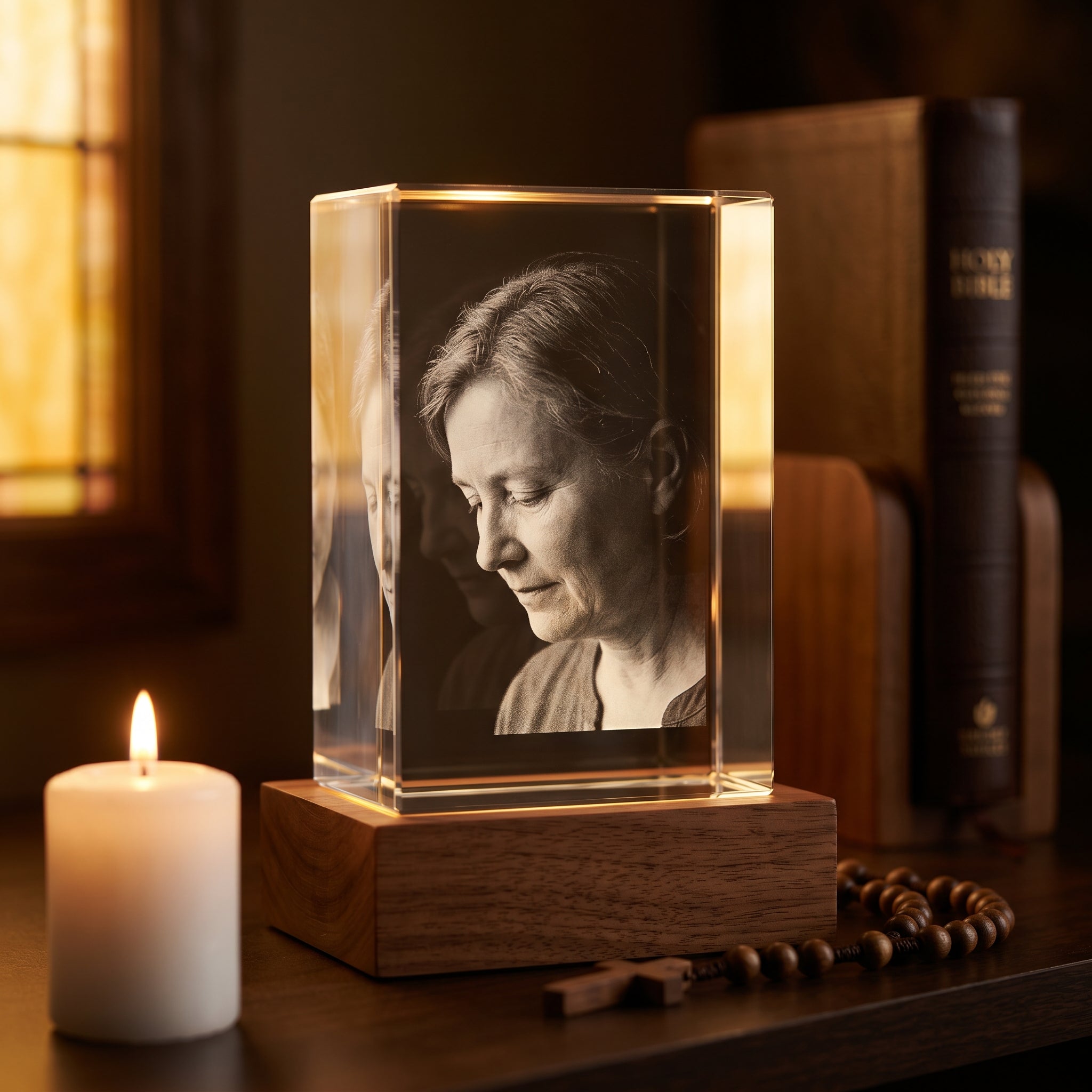 BM rectangle 3D crystal of older woman in quiet contemplation eyes downcast, walnut base on home altar with lit white candle, wooden rosary, leather Bible bokeh, painterly stained-glass amber light