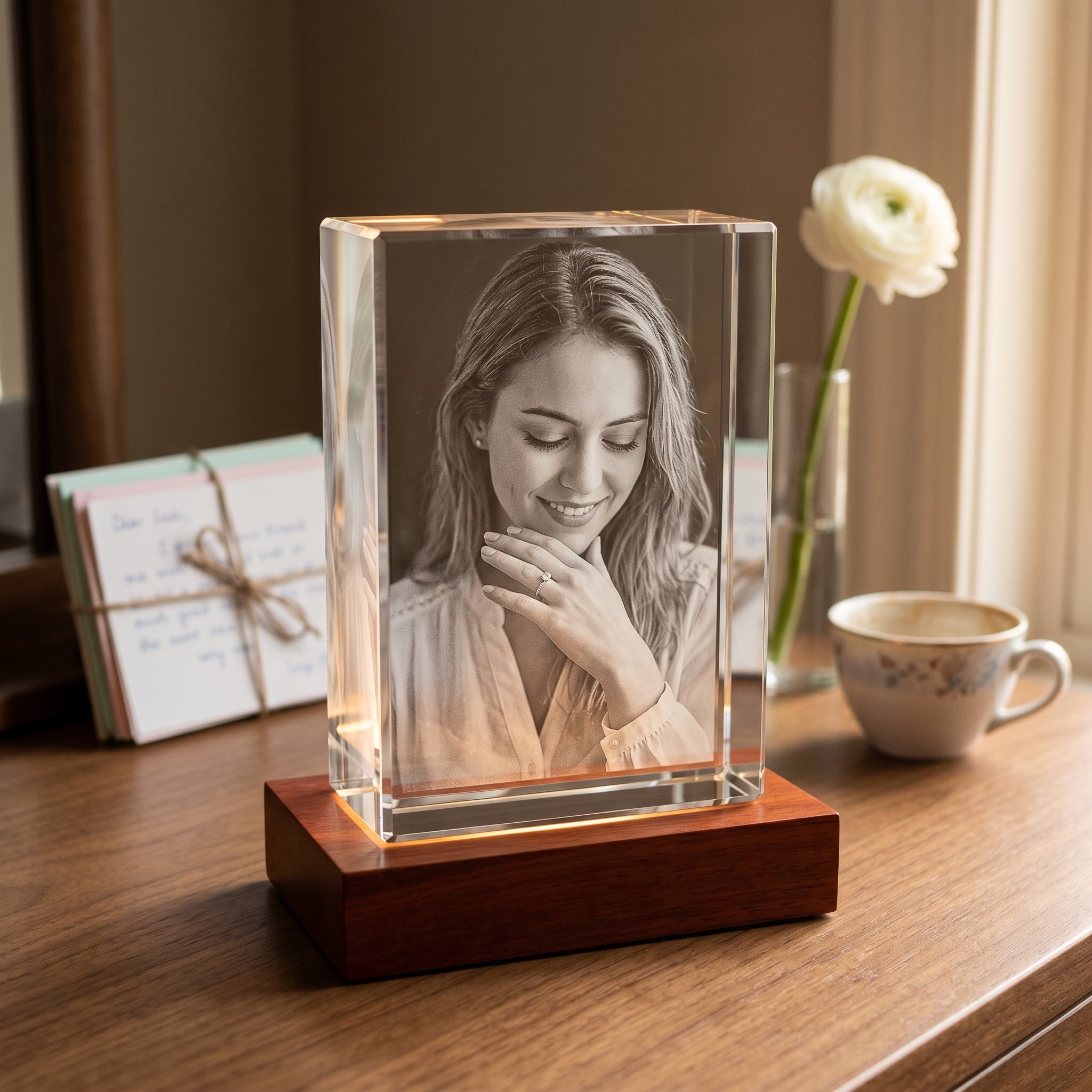 Beyond Memories rectangle 3D photo crystal of a bride-to-be admiring her engagement ring on a rosewood Memory Light Base.