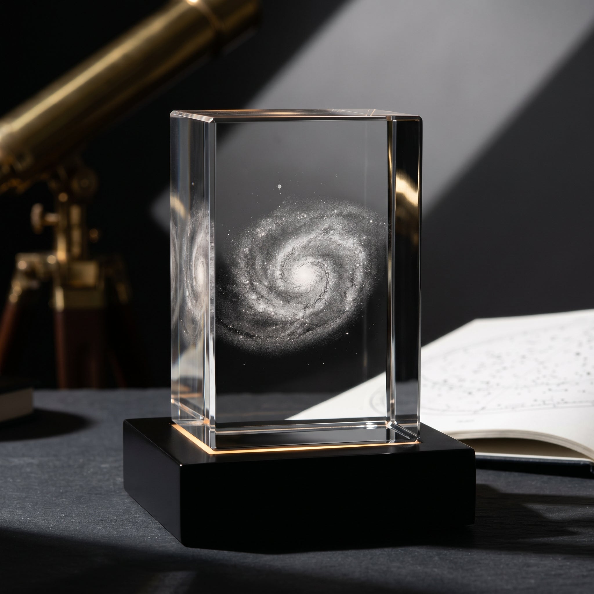 Beyond Memories 3D crystal with galaxy spiral nebula imagery, black base, brass telescope and star chart in bokeh