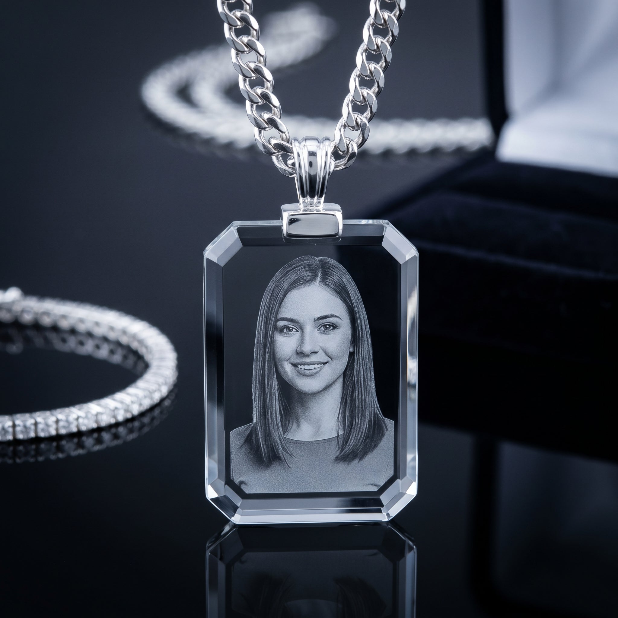 BM sterling silver photo necklace pendant in luxe jewelry photography setting