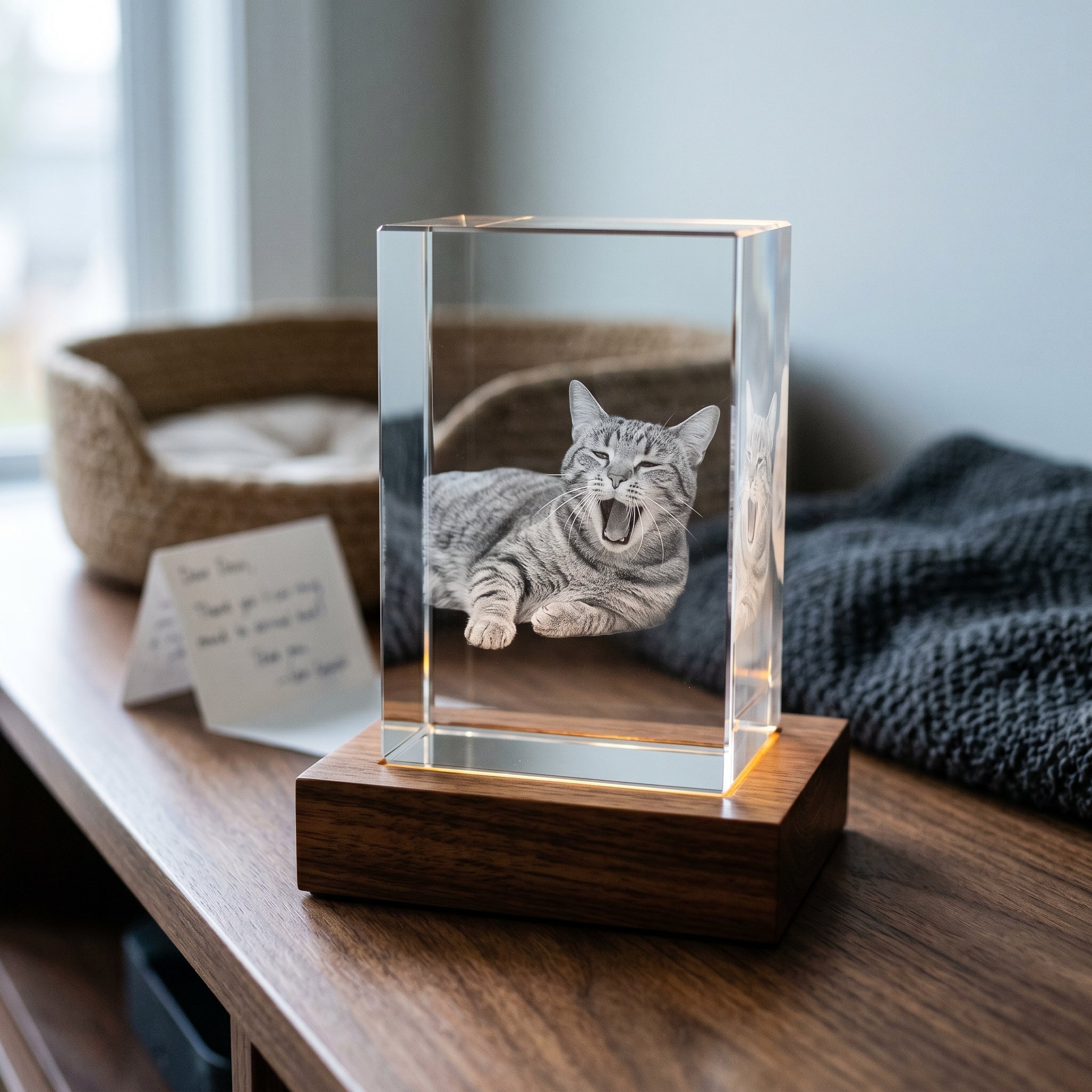 Beyond Memories crystal engraved with candid tabby cat mid-yawn, warm wood base, console with woven pet bed and handwritten card in soft morning light.
