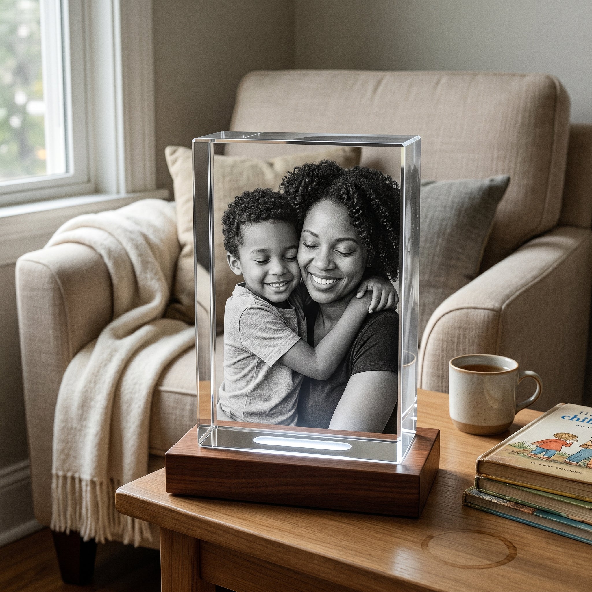 Beyond Memories Rectangle 3D Memory Crystal of Black mother and young son embracing on rosewood Light Base, cozy reading nook with throw blanket and children's books - gift for single super-moms.