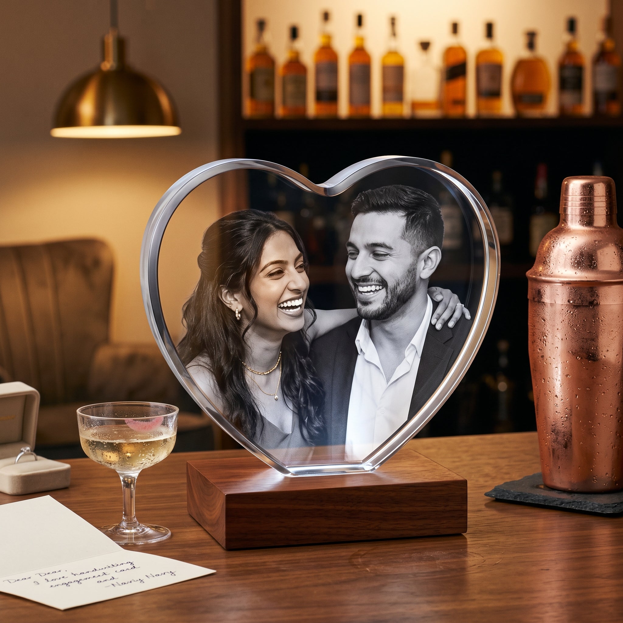 V5.12 — Heart 3D photo crystal of multicultural engaged couple on rosewood Light Base at home bar with copper cocktail shaker and champagne coupe — engagement party gift ideas