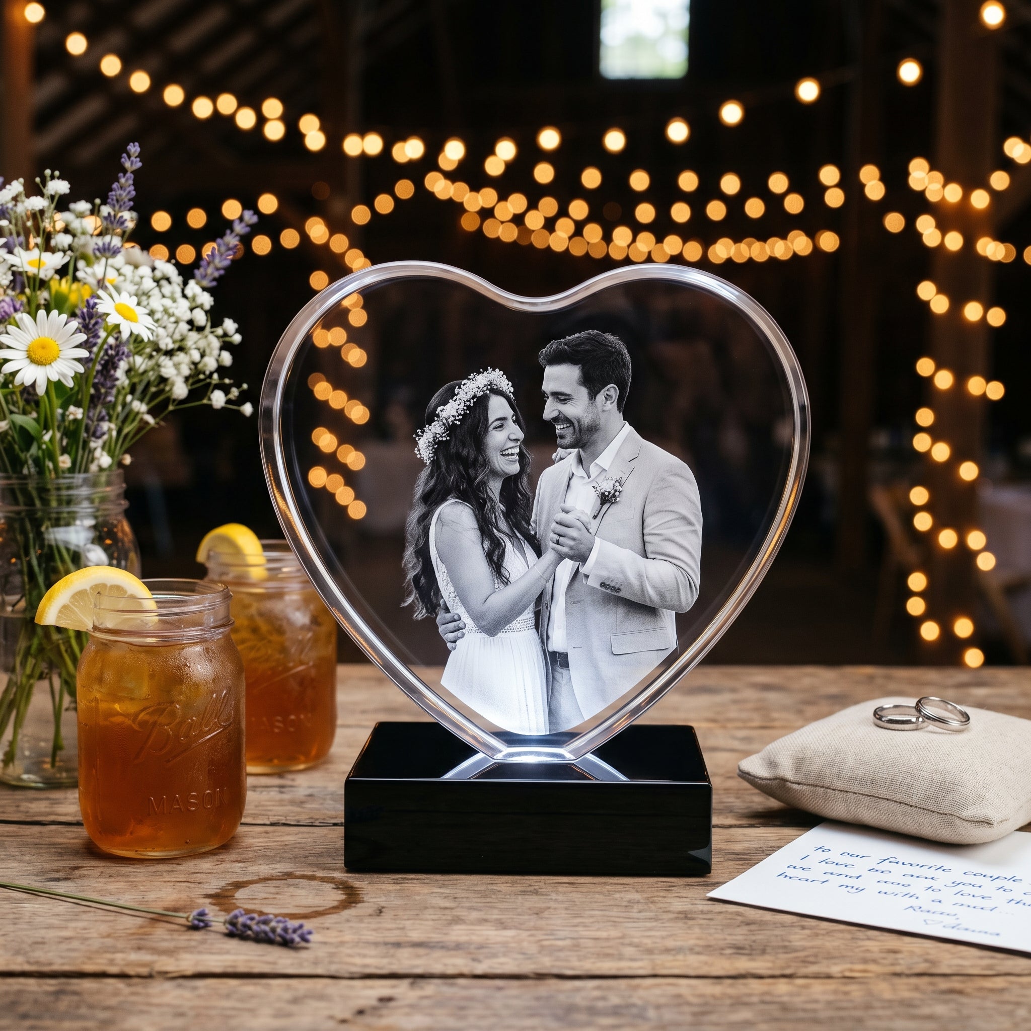 Beyond Memories Heart Paperweight 3D Crystal with Mediterranean bride and groom early 30s mid-dance portrait on glossy black Light Base in rustic barn wedding — wedding gift for best friend