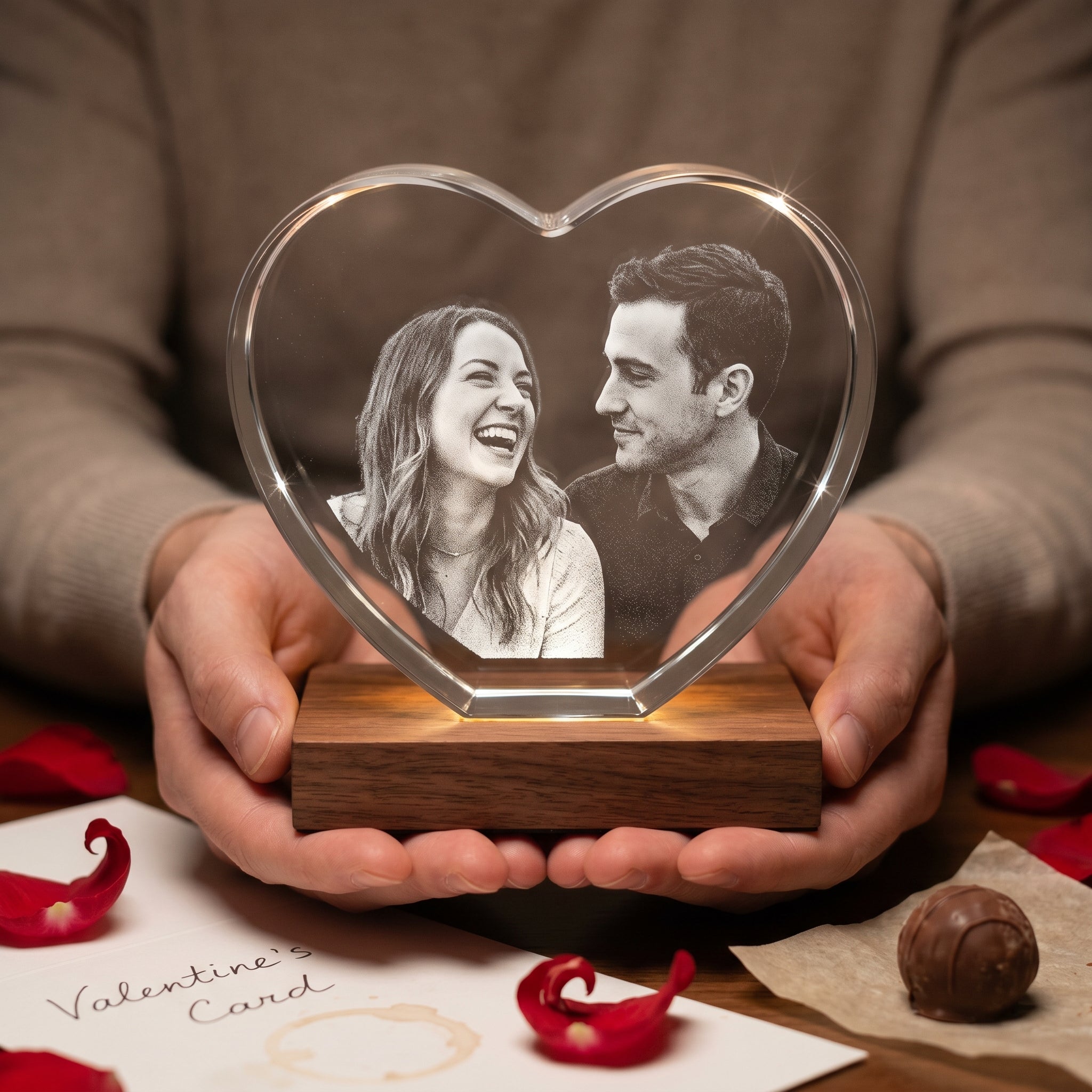 BM heart memory crystal engraved with couple late 20s candid on rosewood Premium wood light base
