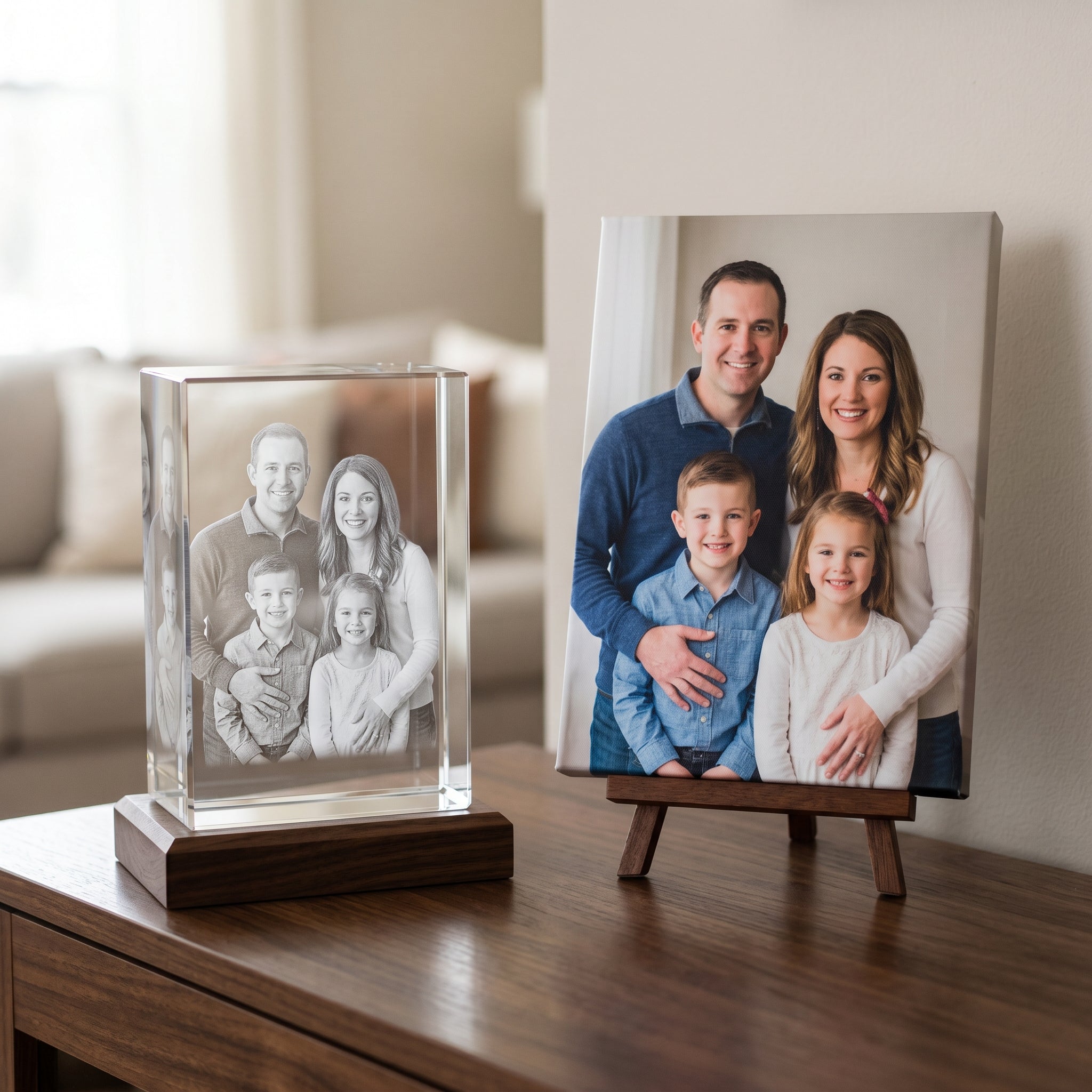 Beyond Memories 3D crystal next to a printed canvas of the same family photo, comparison side by side on a wood console.